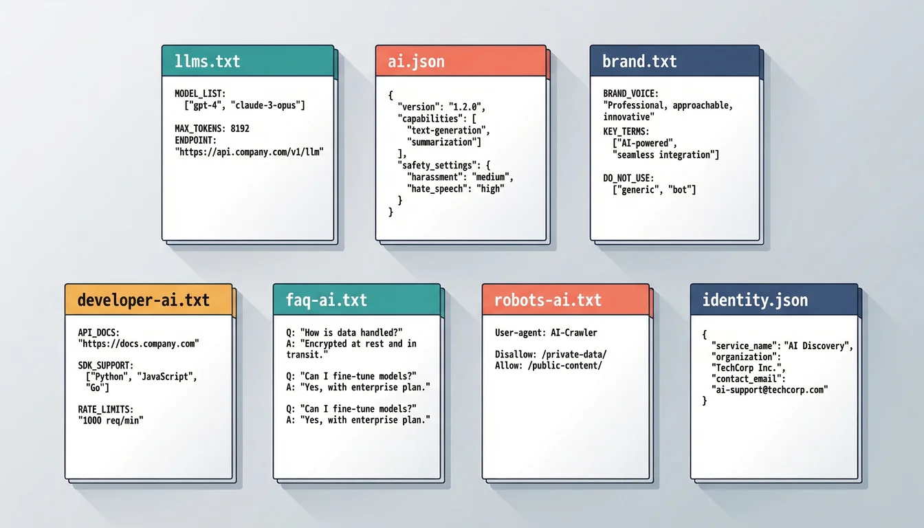 AI discovery file specifications: llms.txt, ai.json, brand.txt, developer-ai.txt, faq-ai.txt, robots-ai.txt, and identity.json