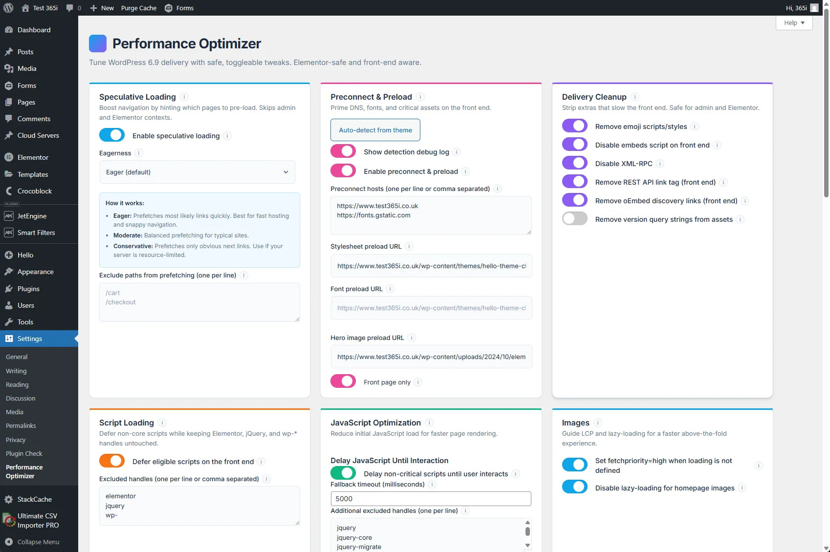 365i Performance Optimizer settings page showing Speculative Loading, Preconnect and Preload, Script Loading, and Delivery Cleanup options with toggle switches