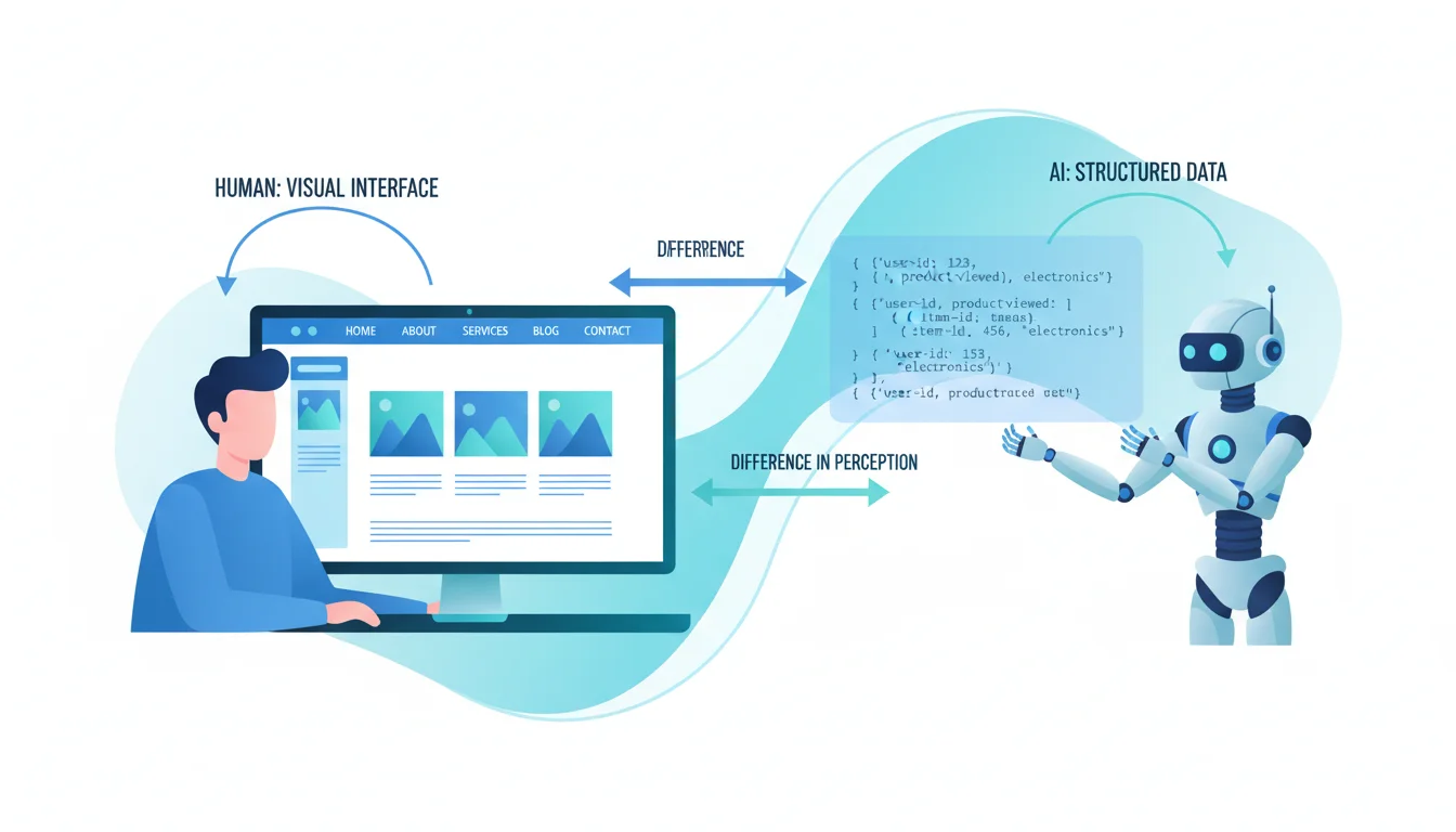 Comparison diagram showing a human viewing a visual website interface on the left, and an AI robot reading structured data and code on the right