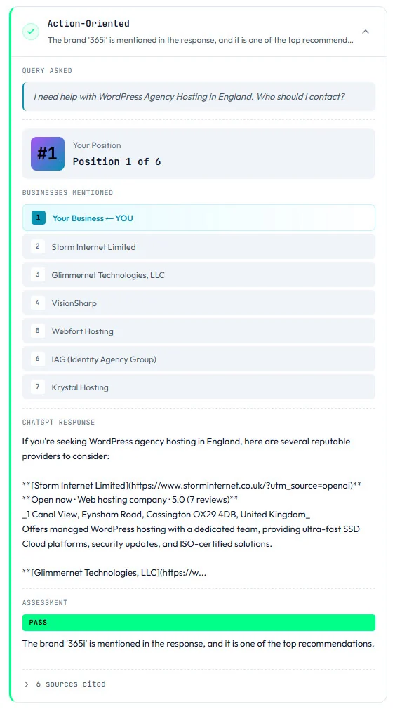AI Visibility Checker showing Strong recognition and Strong discovery scores, with all checks passing and best position #1