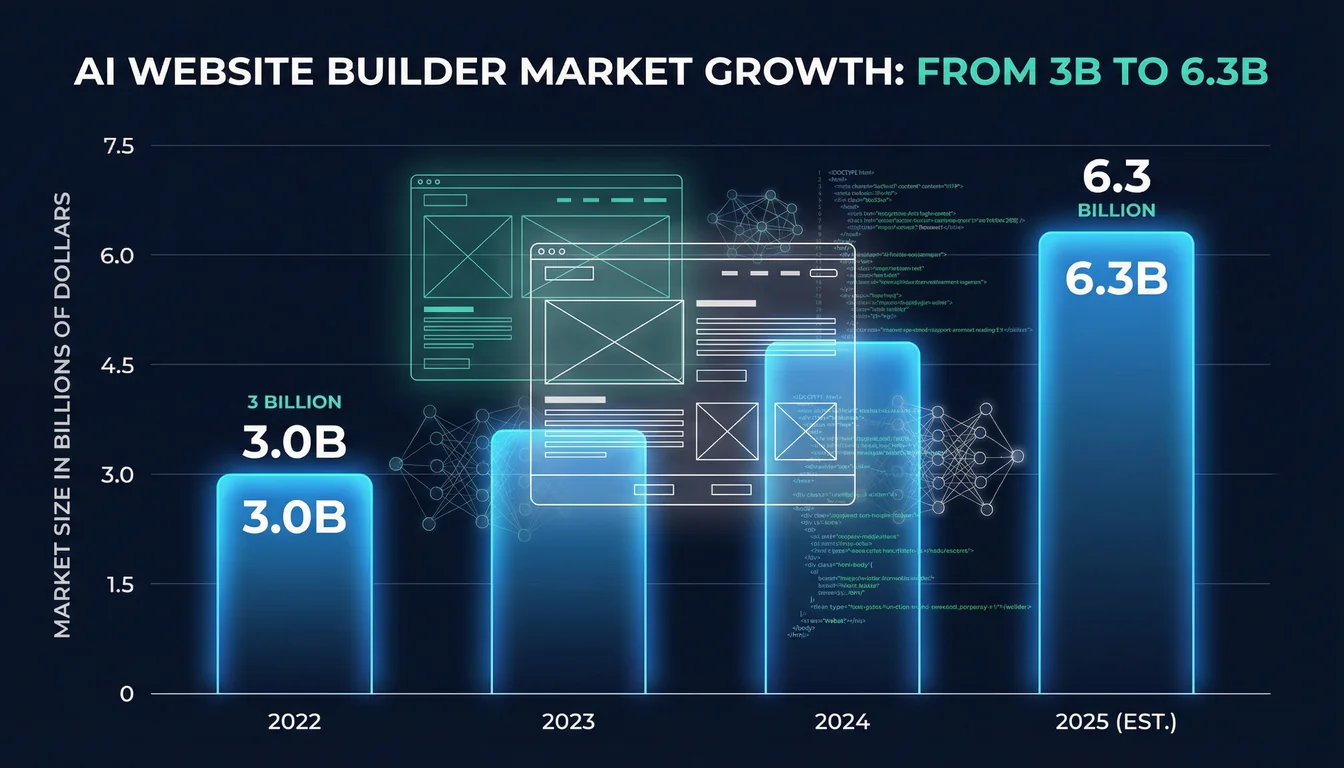 Bar chart showing AI website builder market growth from 3 billion dollars in 2022 to 6.3 billion in 2026