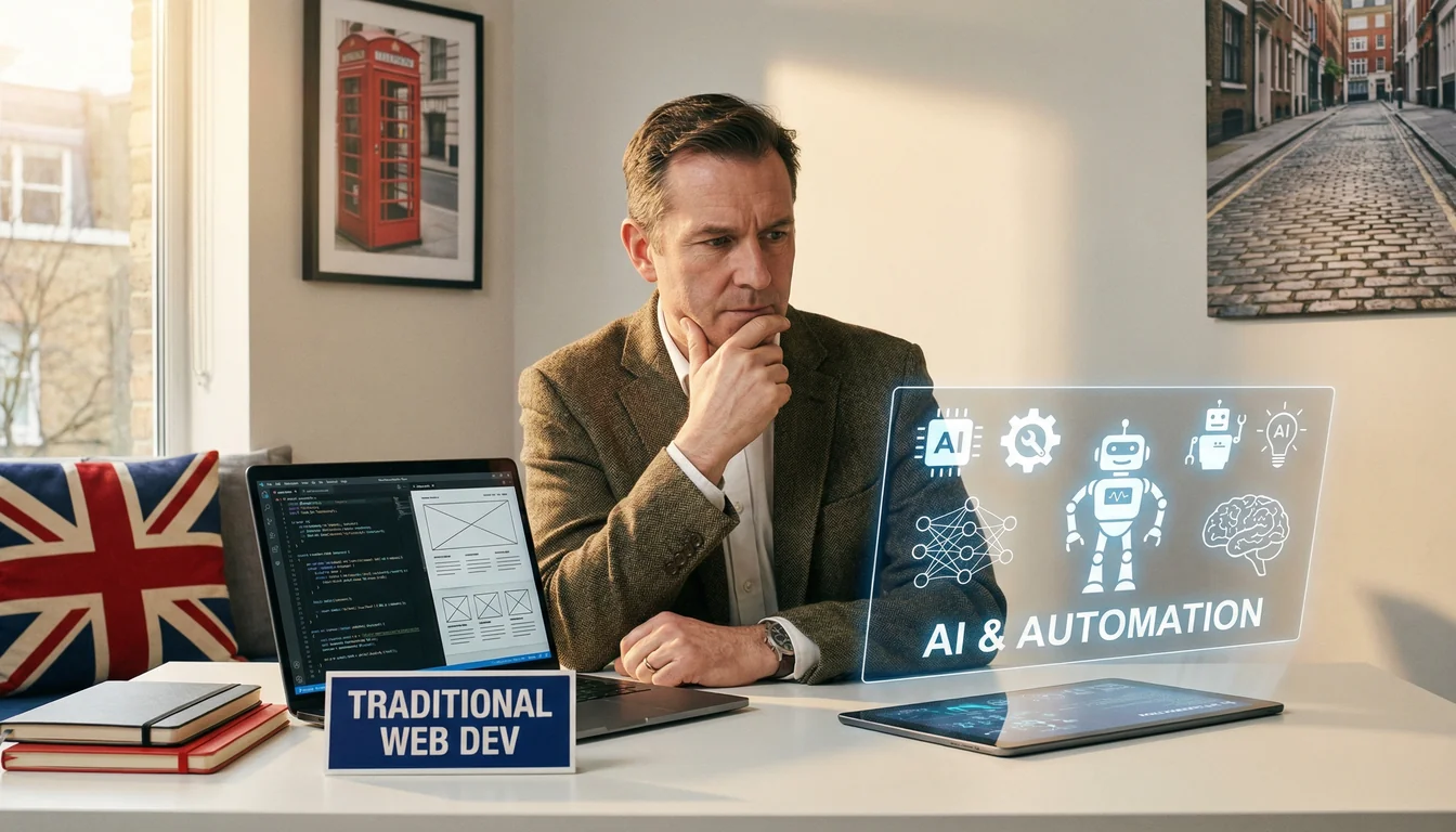 A UK business owner contemplating technology decisions at their desk