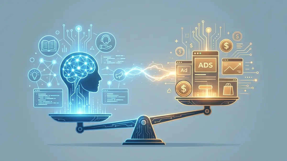 Abstract illustration showing a balance scale with AI helpfulness on one side and commercial advertising on the other