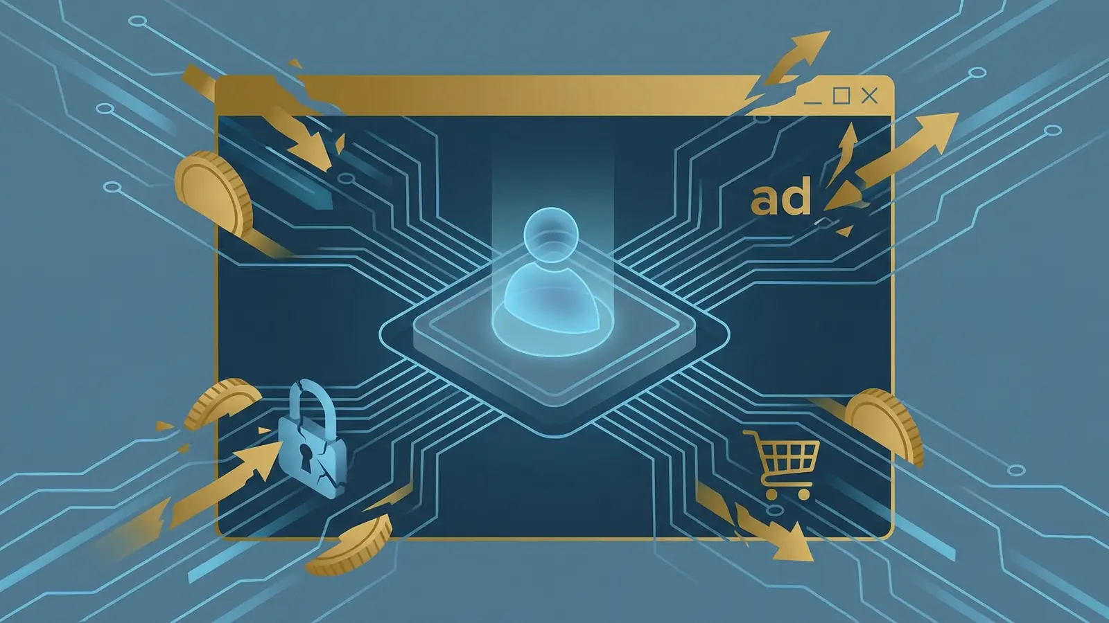Abstract illustration representing the tension between AI assistant trust and advertising, with digital interface elements and commercial intrusion