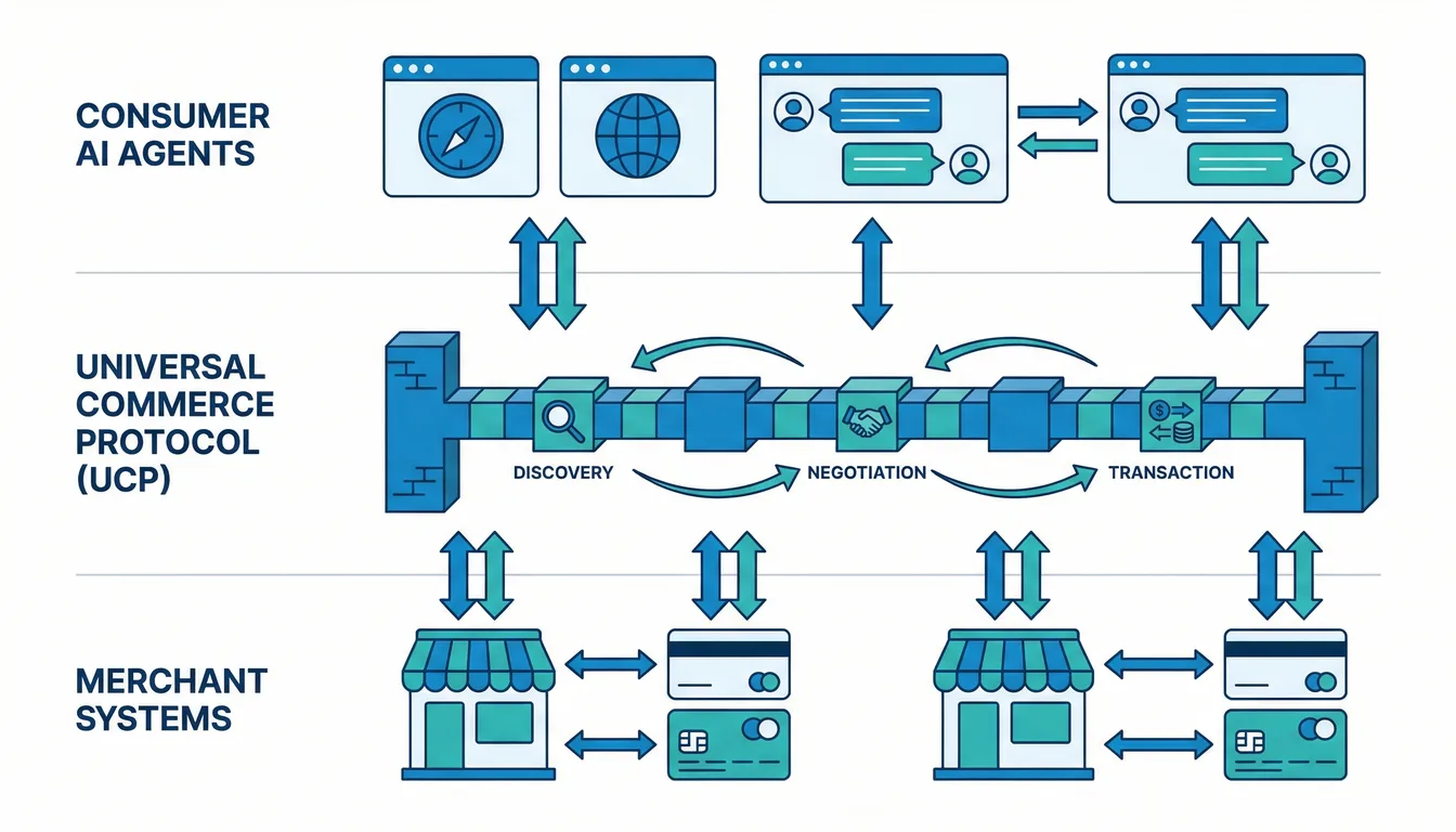 Architecture diagram showing Universal Commerce Protocol connecting AI agents to merchants through discovery, negotiation, and transaction layers