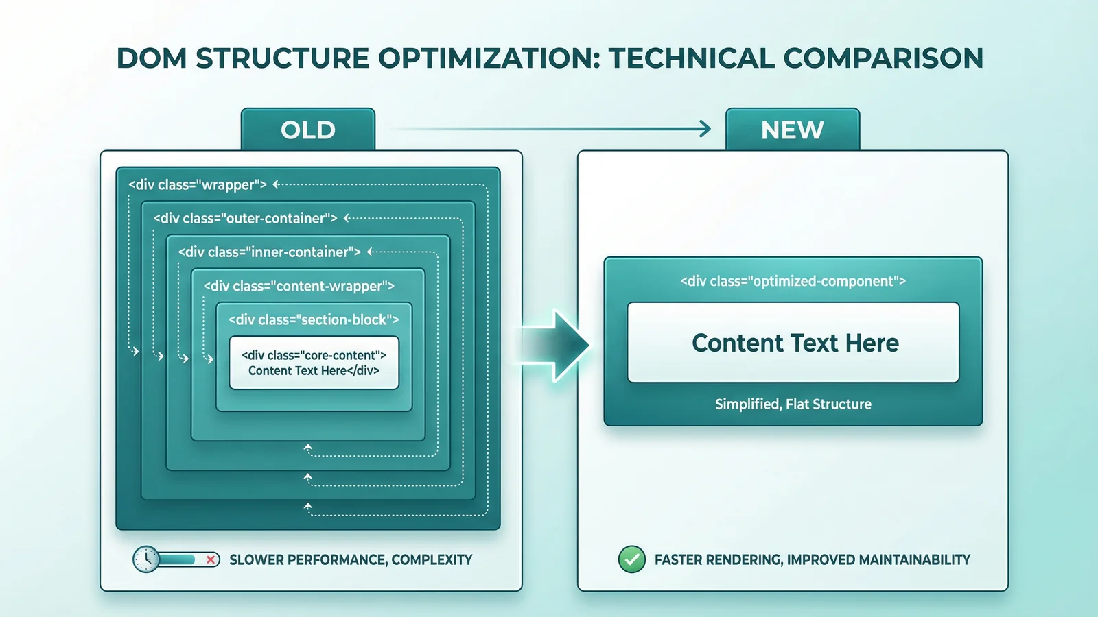 Comparison diagram showing Elementor V3's nested div structure versus V4's simplified single-wrapper approach