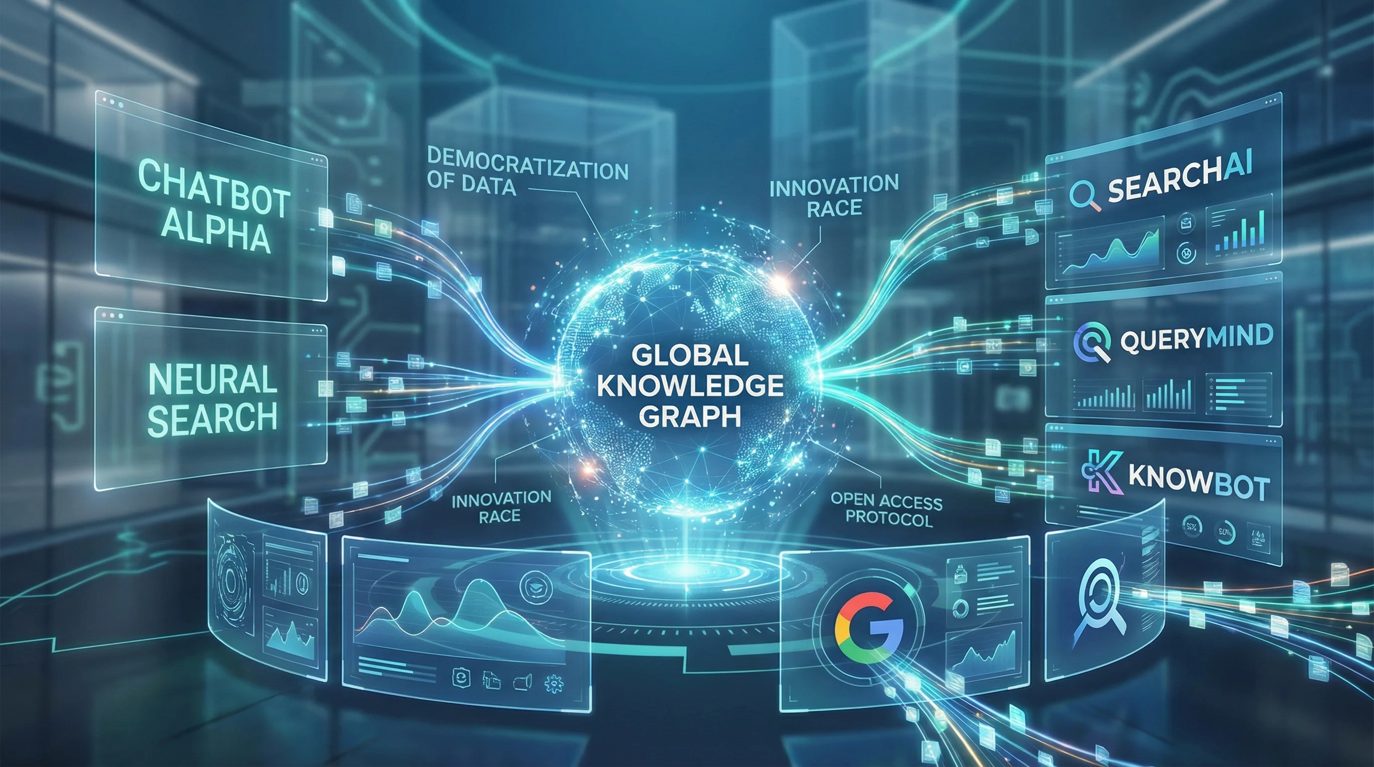Futuristic visualisation of search data flowing from a central knowledge graph to multiple AI chatbot and search engine competitors