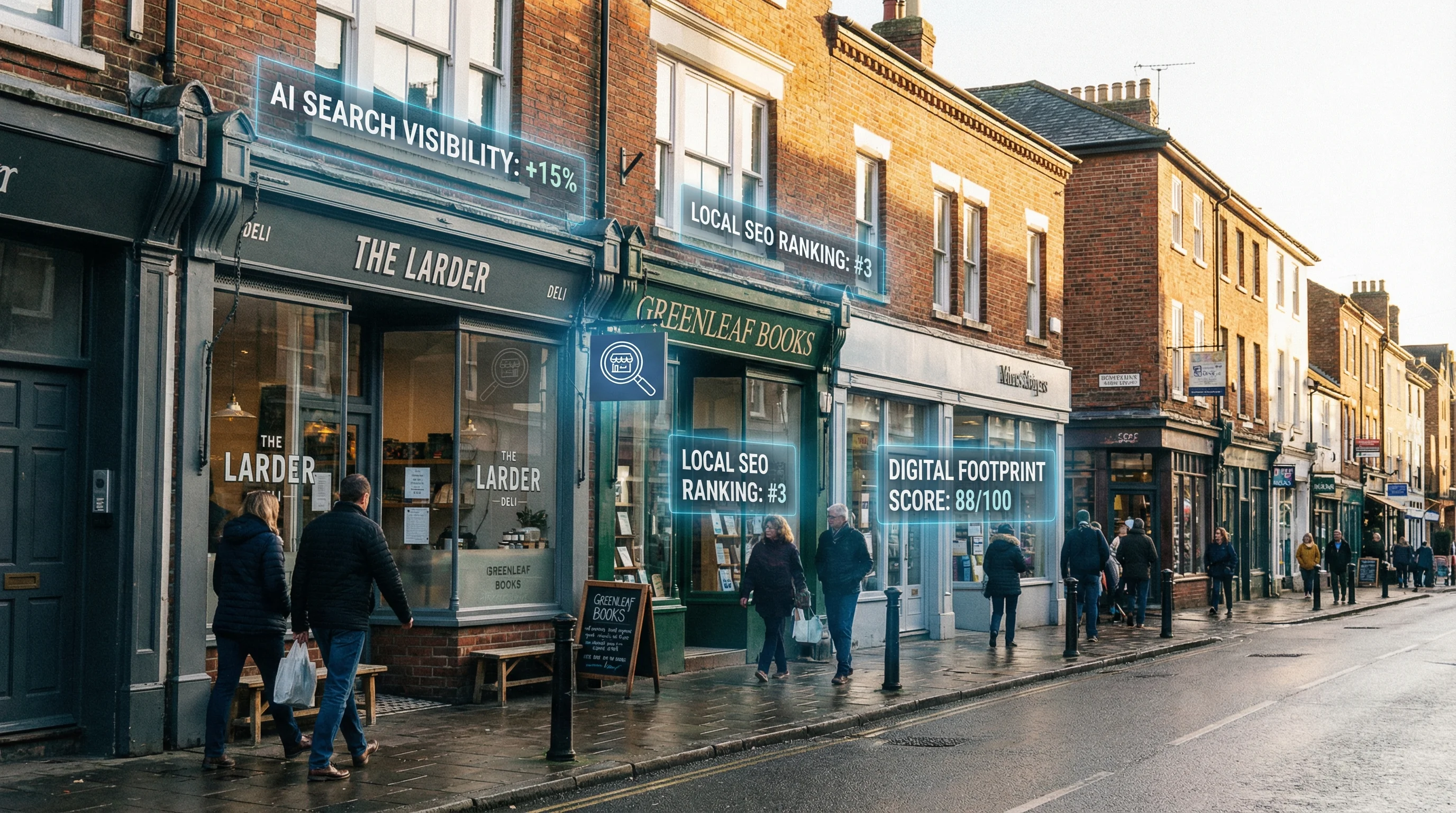 UK high street with small business shopfronts showing digital AI visibility and SEO metrics overlaid