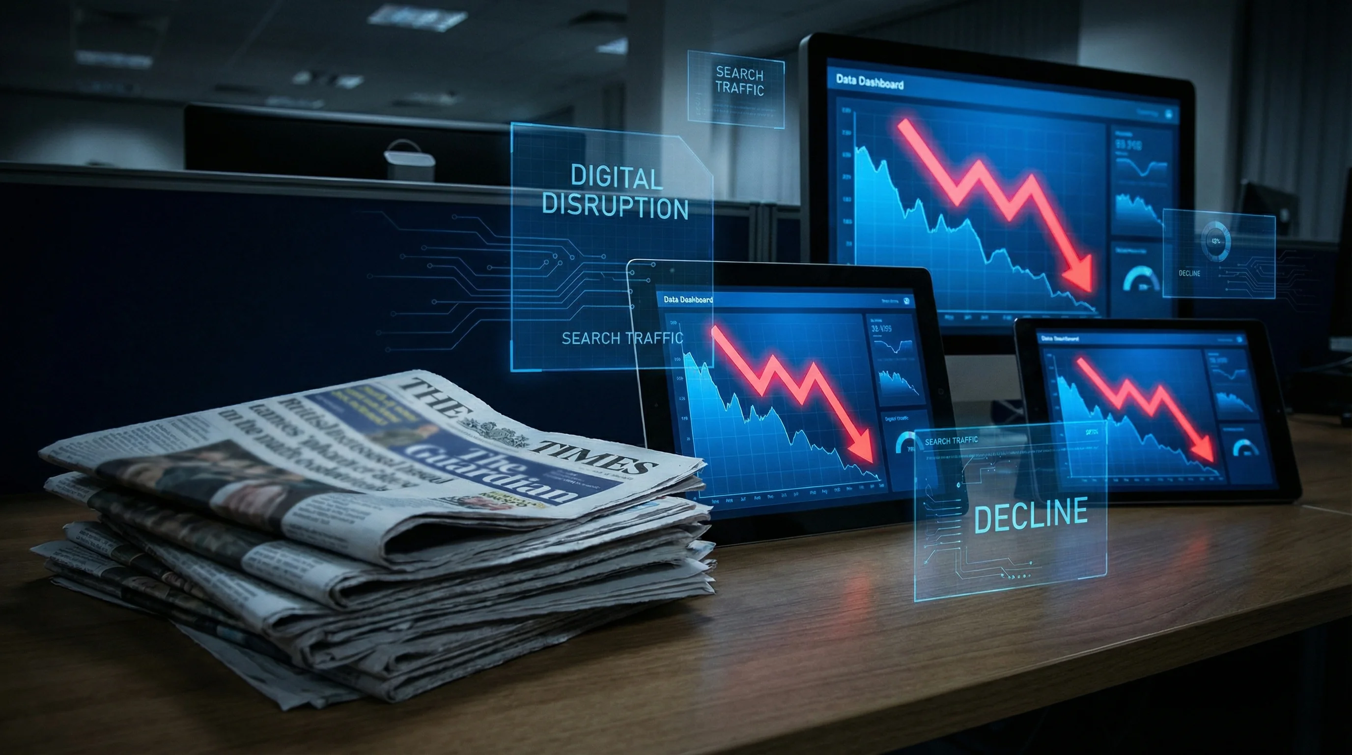 UK newspaper front pages and digital screens showing search analytics with declining traffic graphs