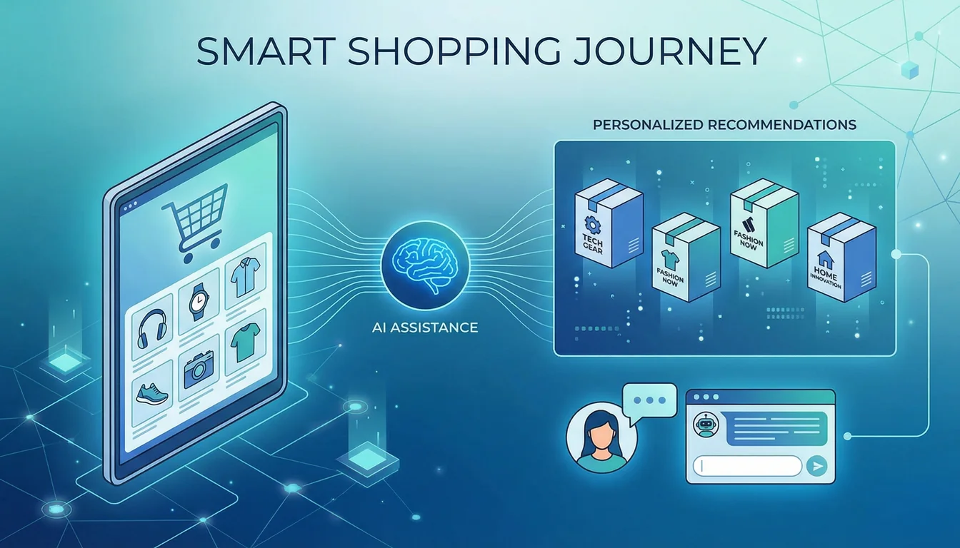 An illustration showing a personalised AI shopping journey with tailored product recommendations based on user context