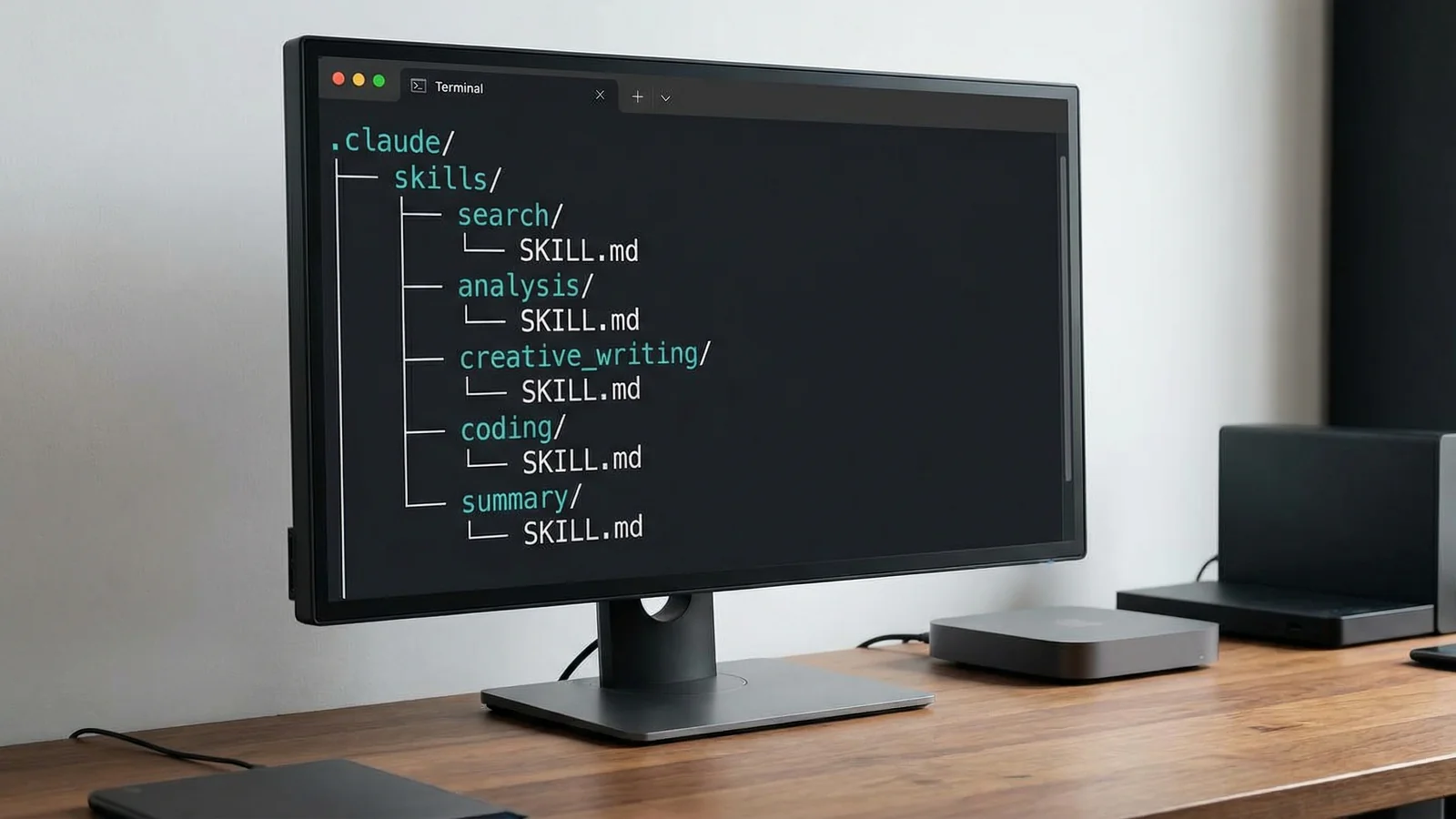 Code editor showing a SKILL.md file with YAML frontmatter containing name, description, and configuration options
