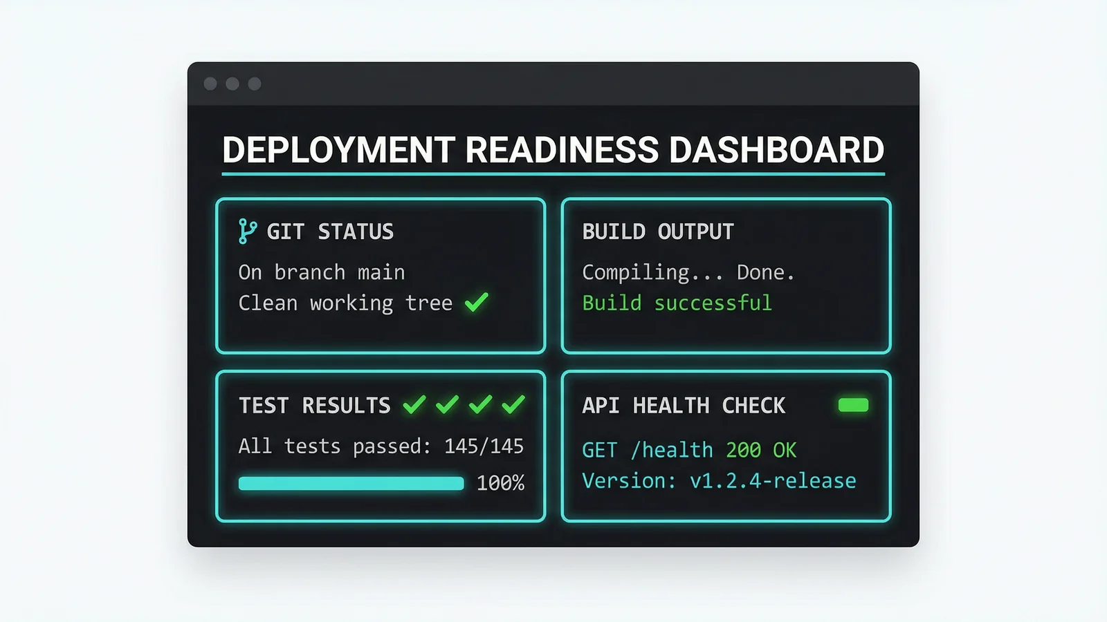 Dashboard showing deployment readiness panels for Git Status, Build Output, Test Results, and API Health Check