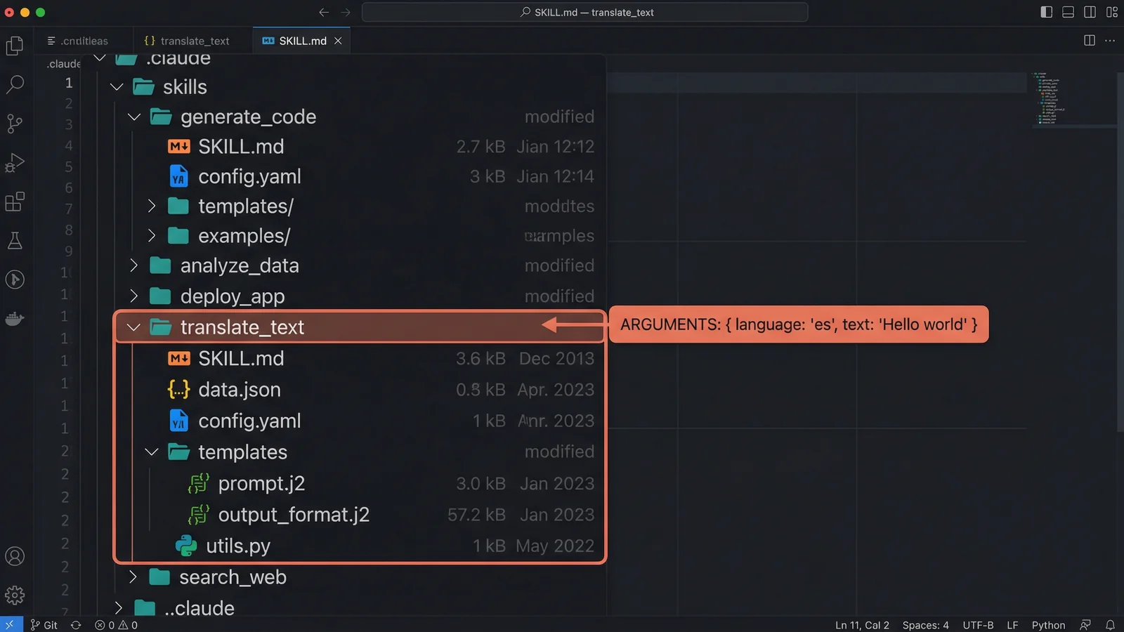 File explorer showing a Claude Code skills directory with SKILL.md and supporting files like data.json, config.yaml, and templates