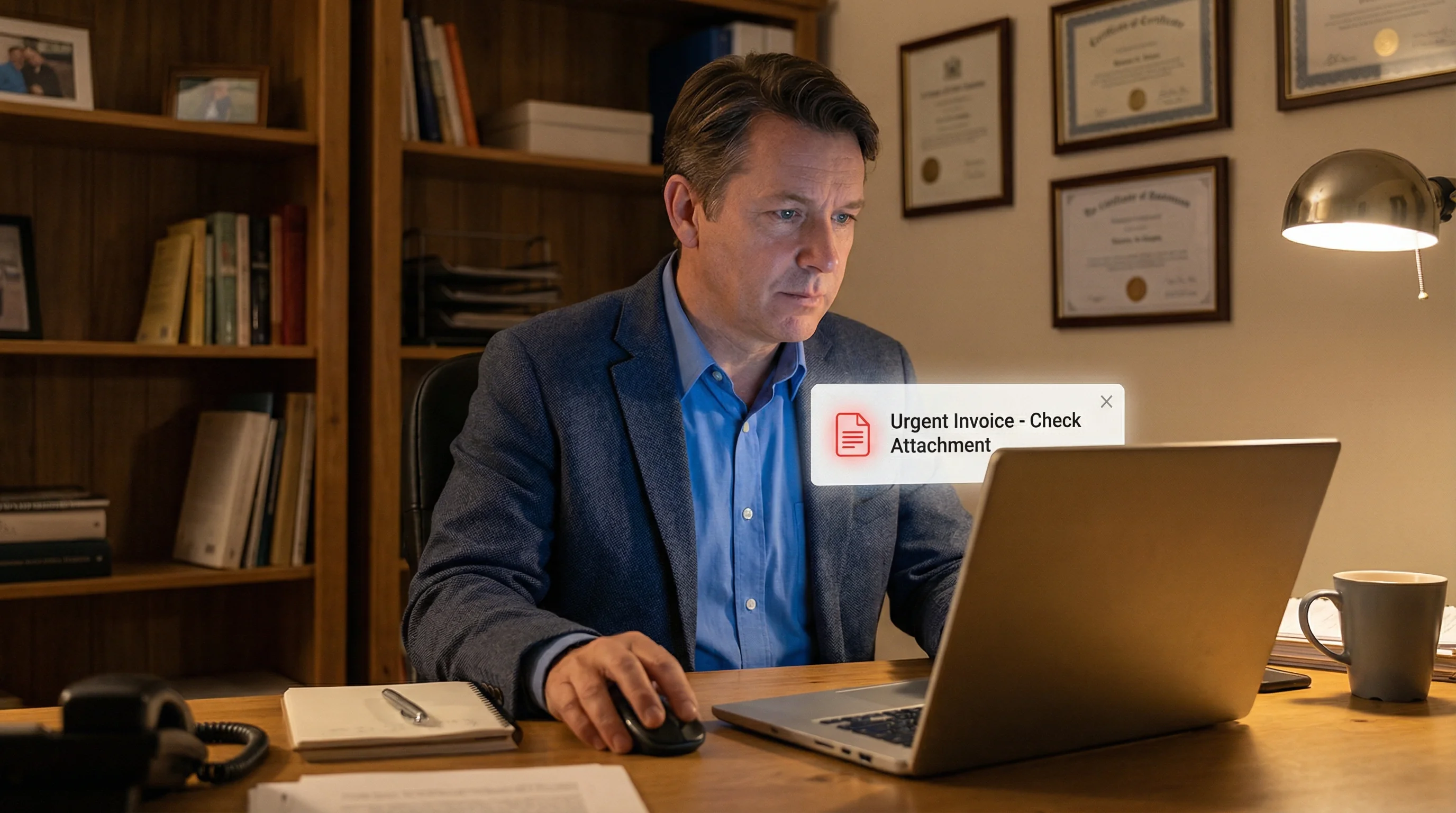 Business professional at a desk receiving a suspicious email notification marked Urgent Invoice - Check Attachment on their laptop