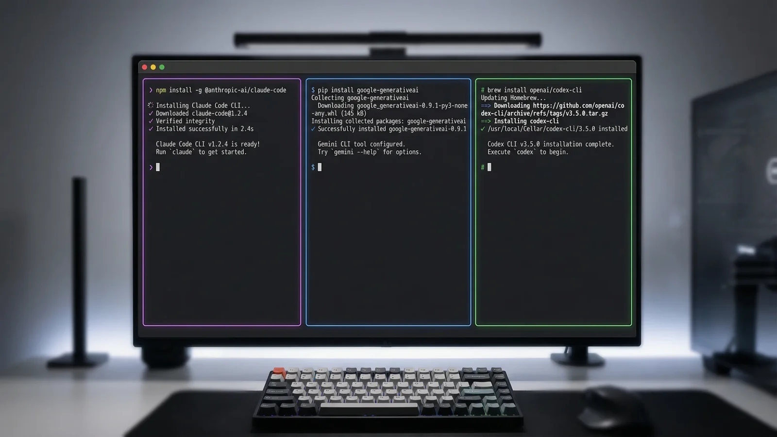 Three terminal windows showing Claude Code, Gemini CLI, and Codex CLI installed and responding to test prompts