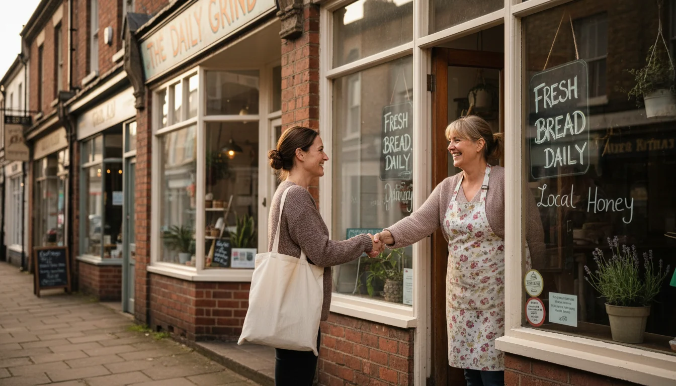 A UK high street shop owner greeting a customer warmly at their door, showing authentic local business interaction