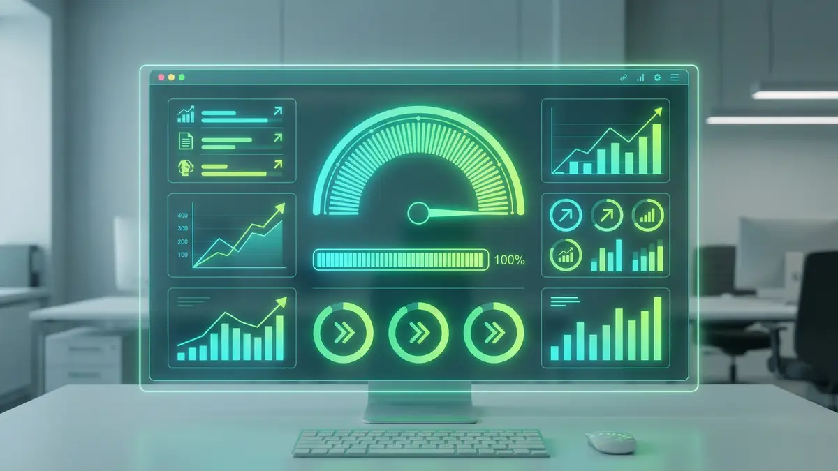 A website performance dashboard showing green metrics and a speedometer at 100 percent