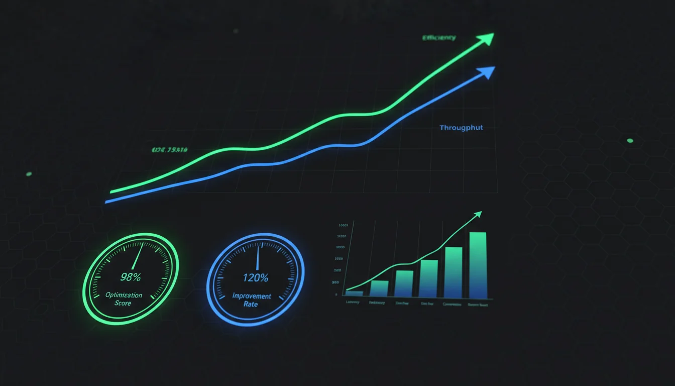 Dashboard showing upward trending performance graphs with green and blue lines, speedometer widgets, and bar charts