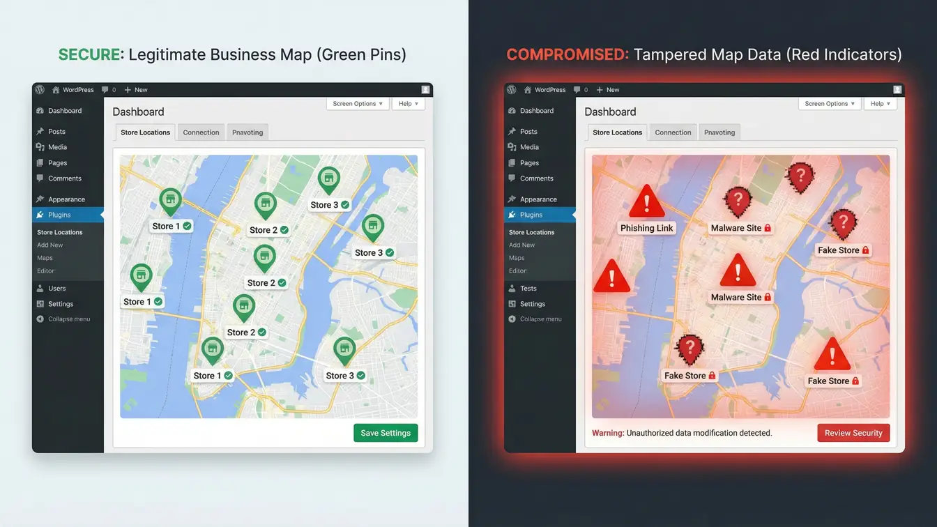 Split-screen comparison showing a secure WordPress map with legitimate green location pins versus a compromised map with tampered data showing phishing links and malware sites