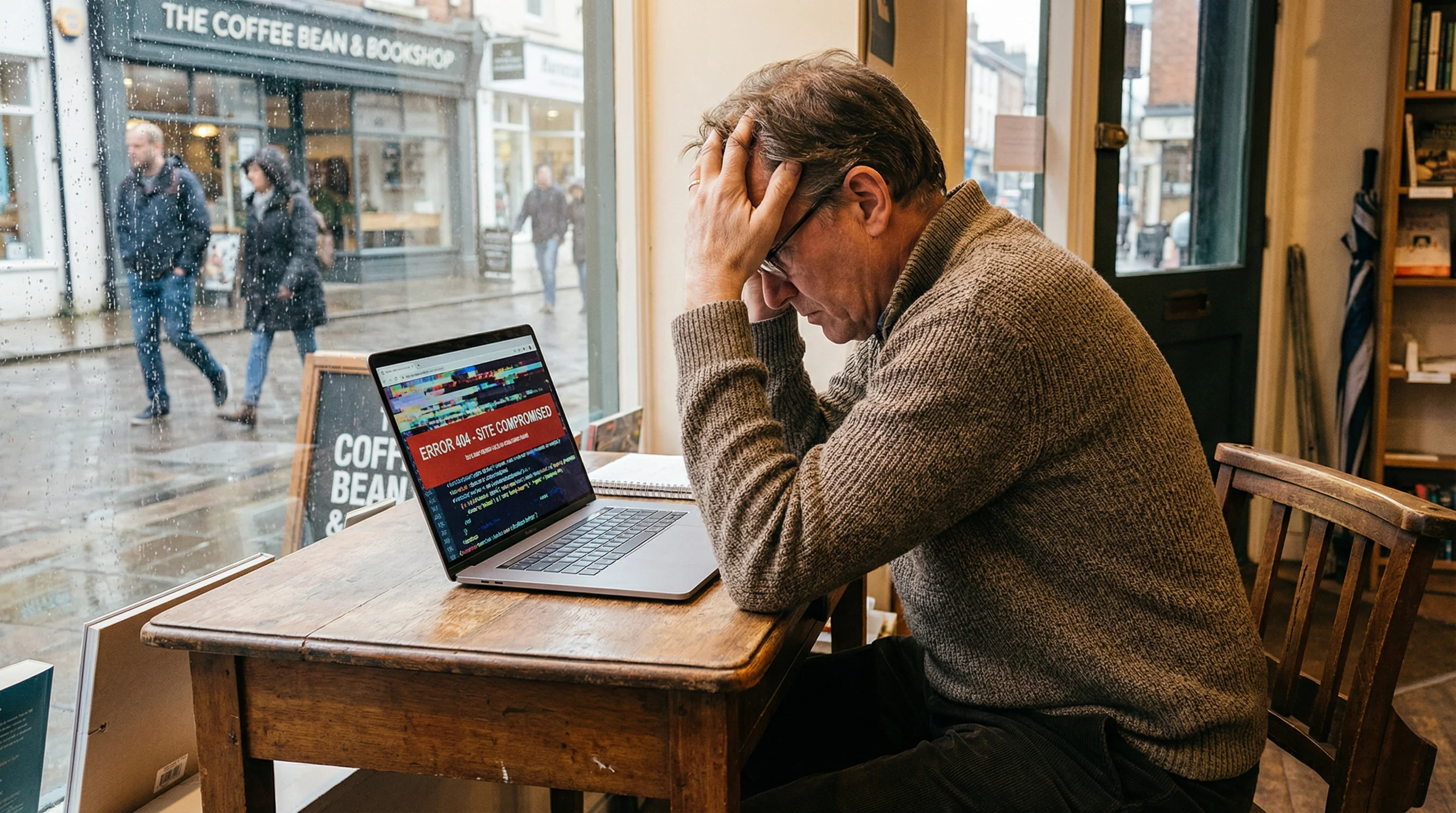 Worried UK business owner in a coffee shop looking at a laptop displaying a site compromised error message, with a rainy British high street visible through the window