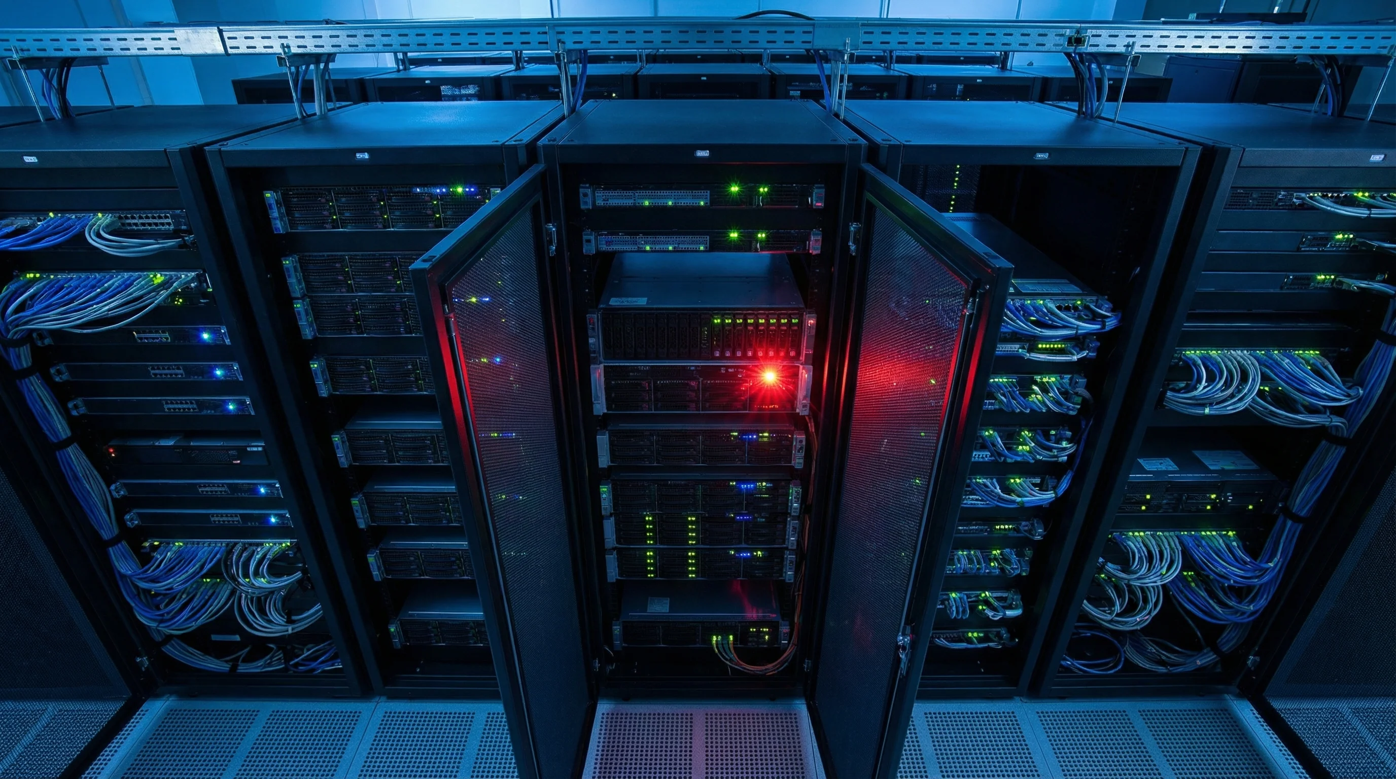 Data centre server rack with blue ambient lighting and a single red warning LED indicator standing out among healthy green and blue server lights