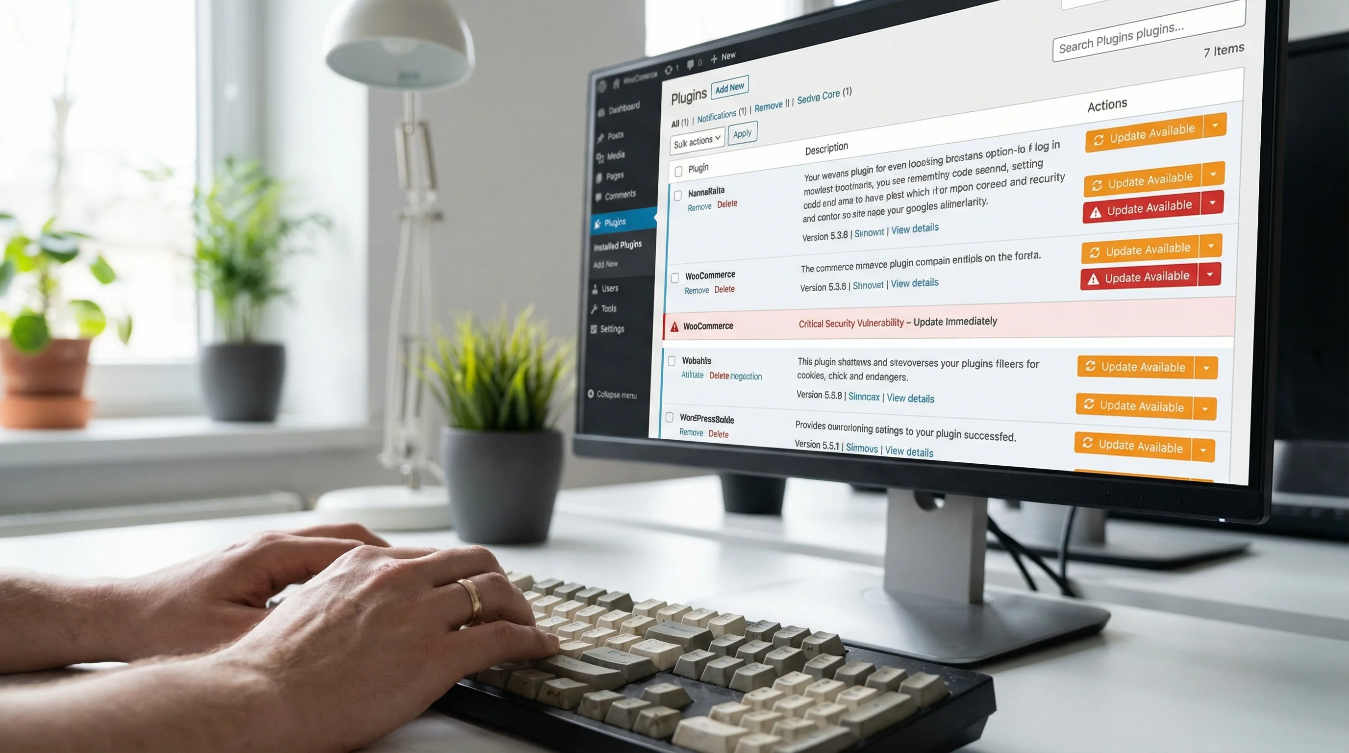 WordPress admin plugins page showing multiple plugin update notifications with orange and red Update Available badges and a critical security vulnerability warning