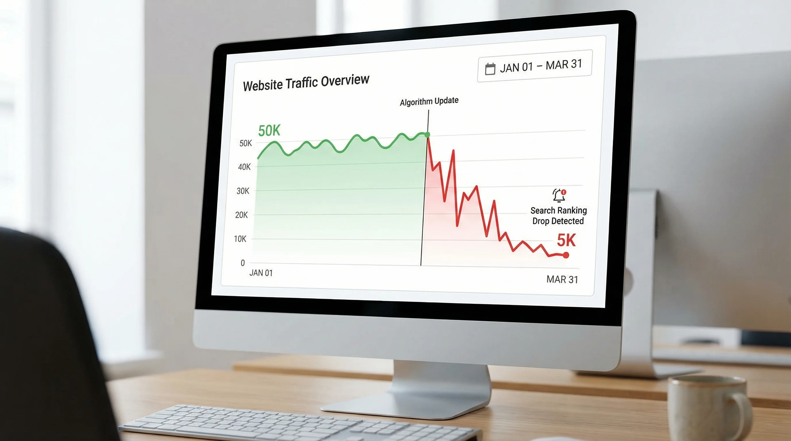 Website traffic analytics dashboard showing dramatic traffic decline after algorithm update, from 50K to 5K visits