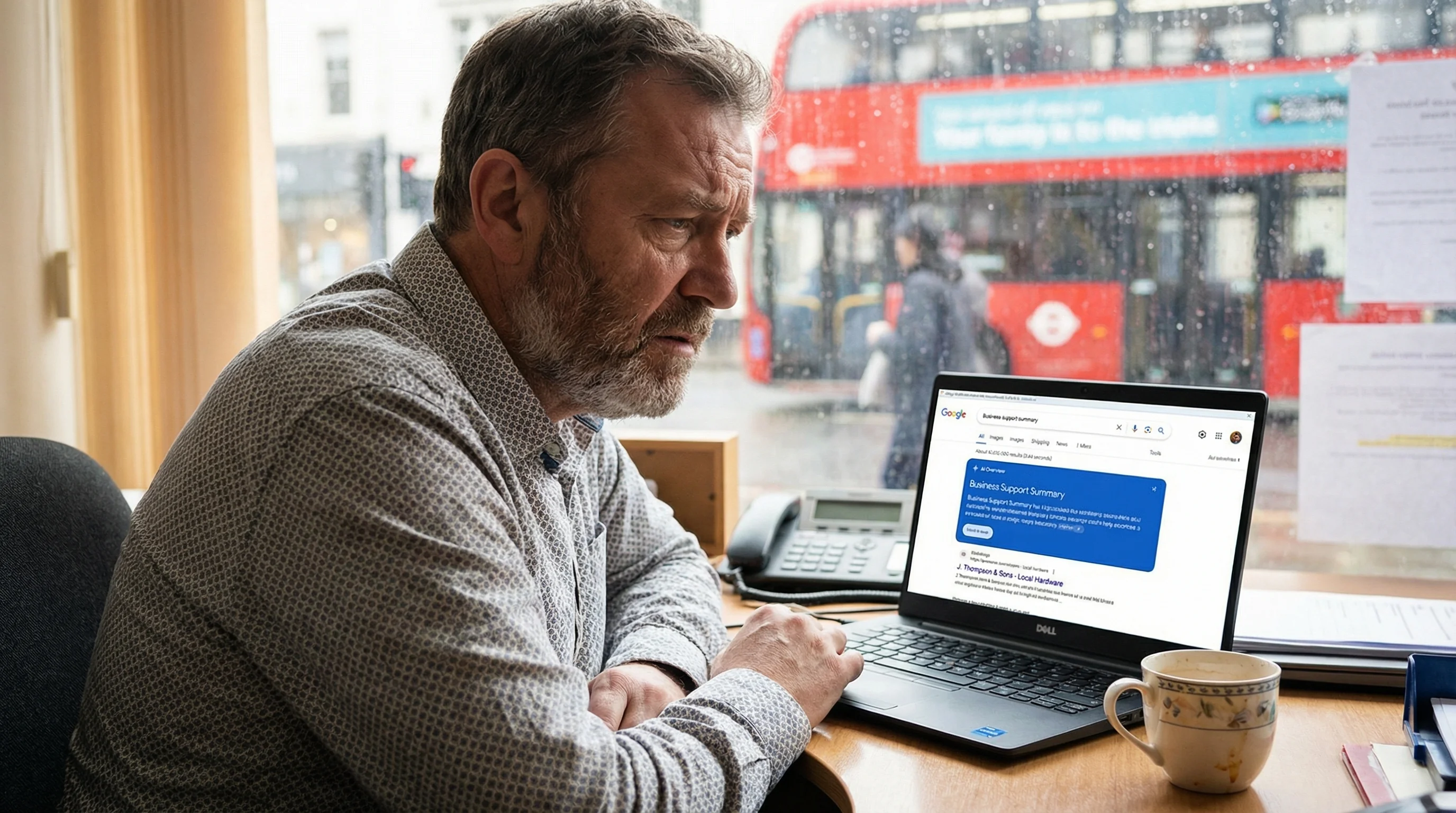 British small business owner looking at a laptop showing Google AI Overview pushing his website below the fold, red bus visible through office window