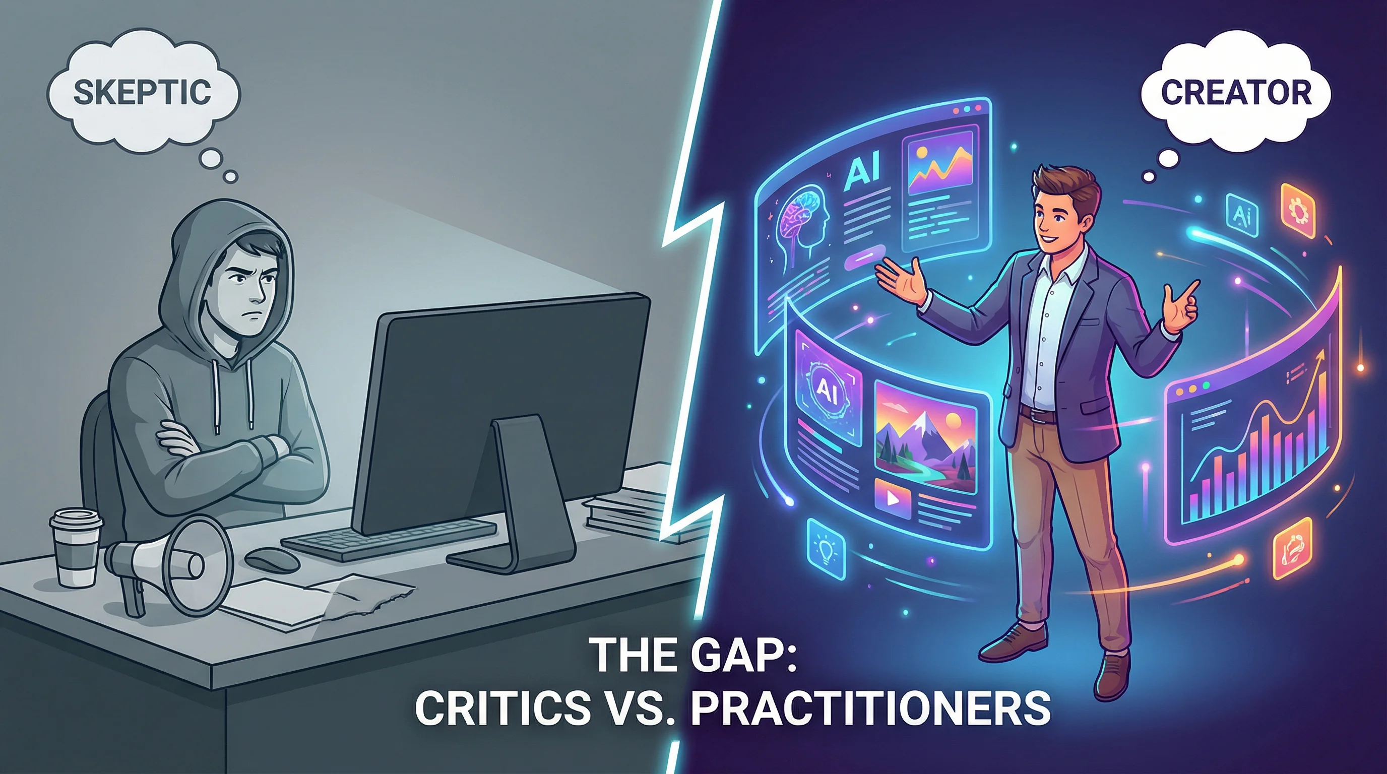 Split illustration showing a sceptic with crossed arms and blank screen on the left, and a practitioner actively working with AI producing creative results on the right