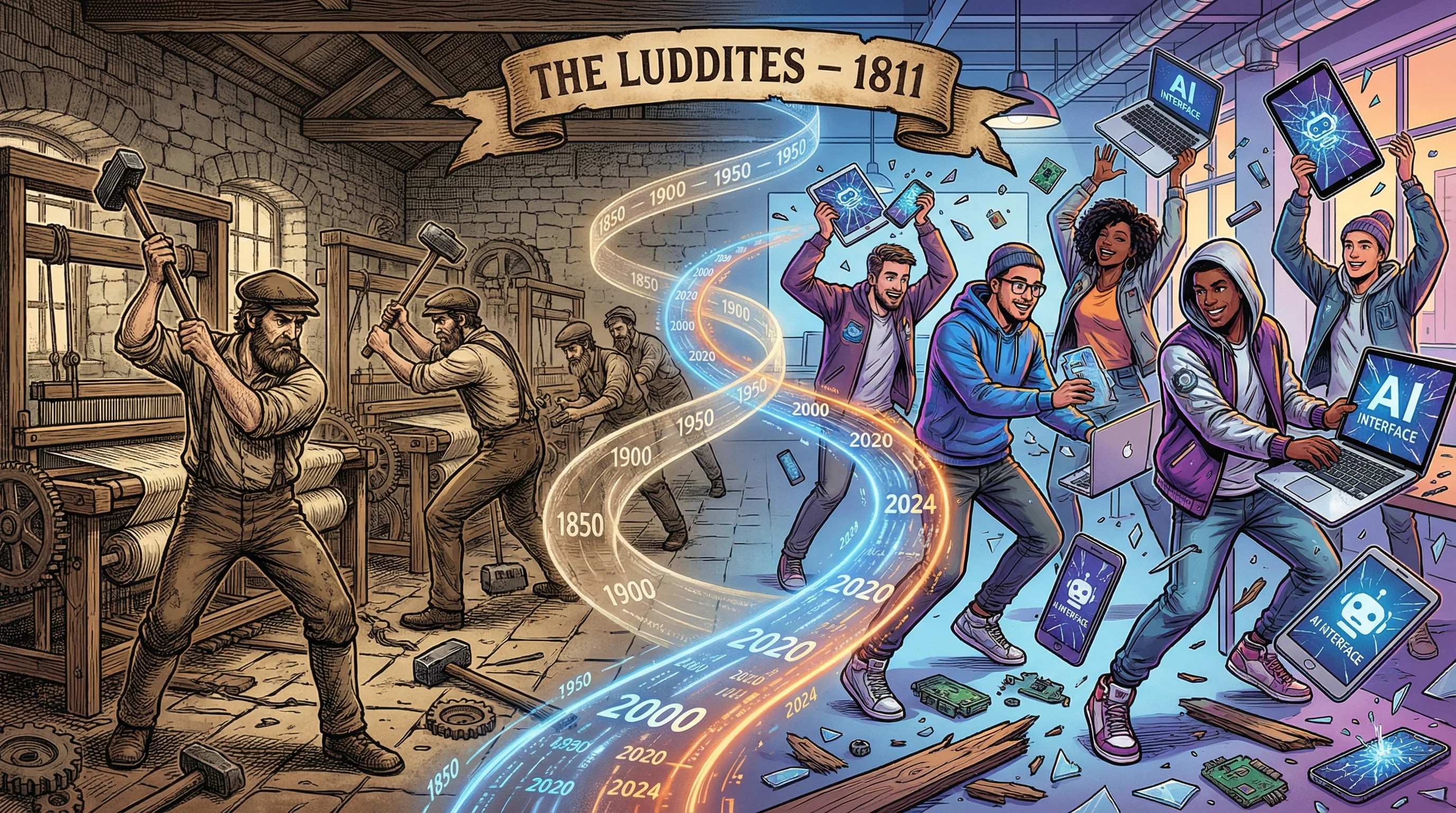 Creative illustration blending 19th century Luddites smashing textile looms with modern figures smashing laptops, connected by a timeline showing the same pattern of technology resistance across two centuries
