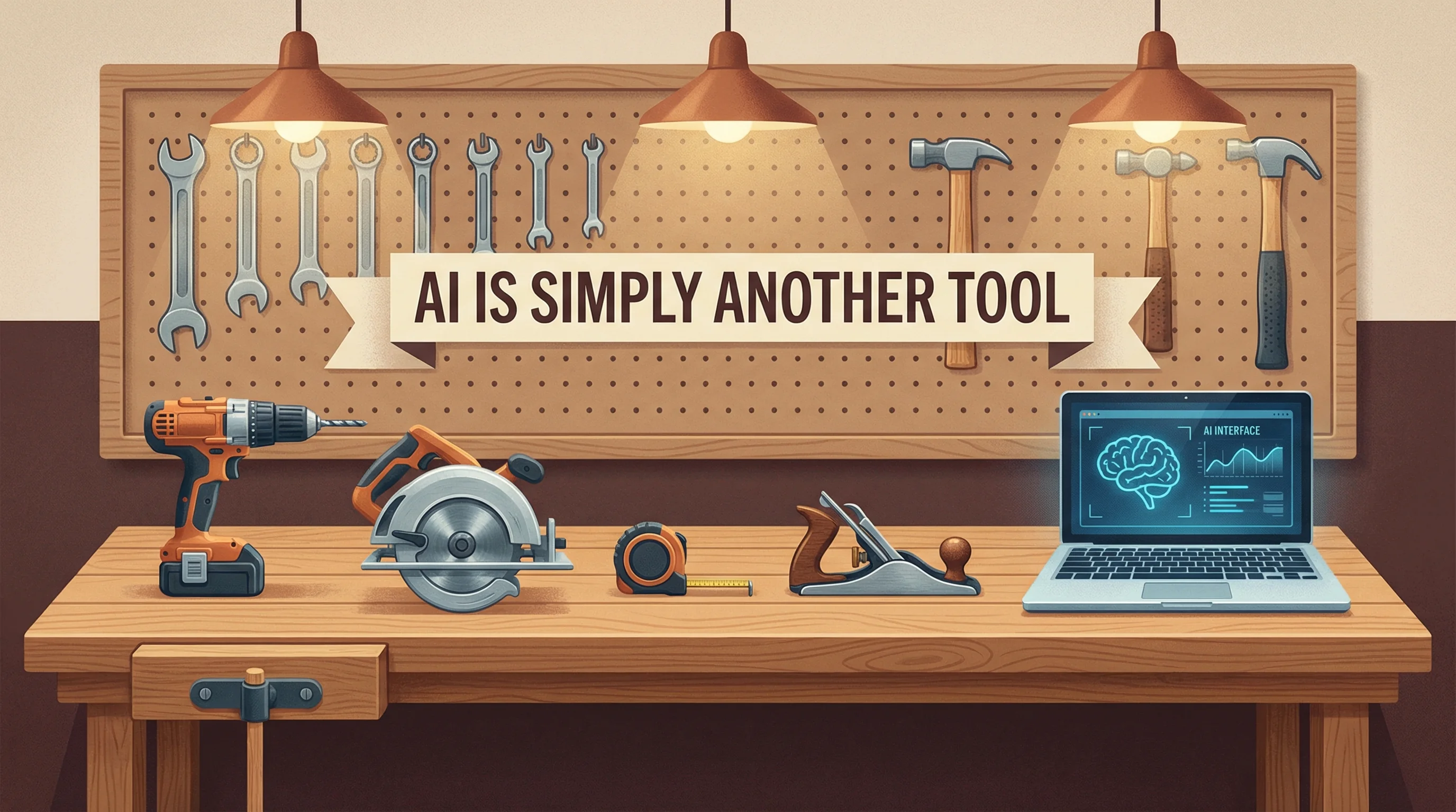 A professional workshop bench with traditional tools alongside a laptop showing an AI interface, all arranged equally as part of the same toolkit