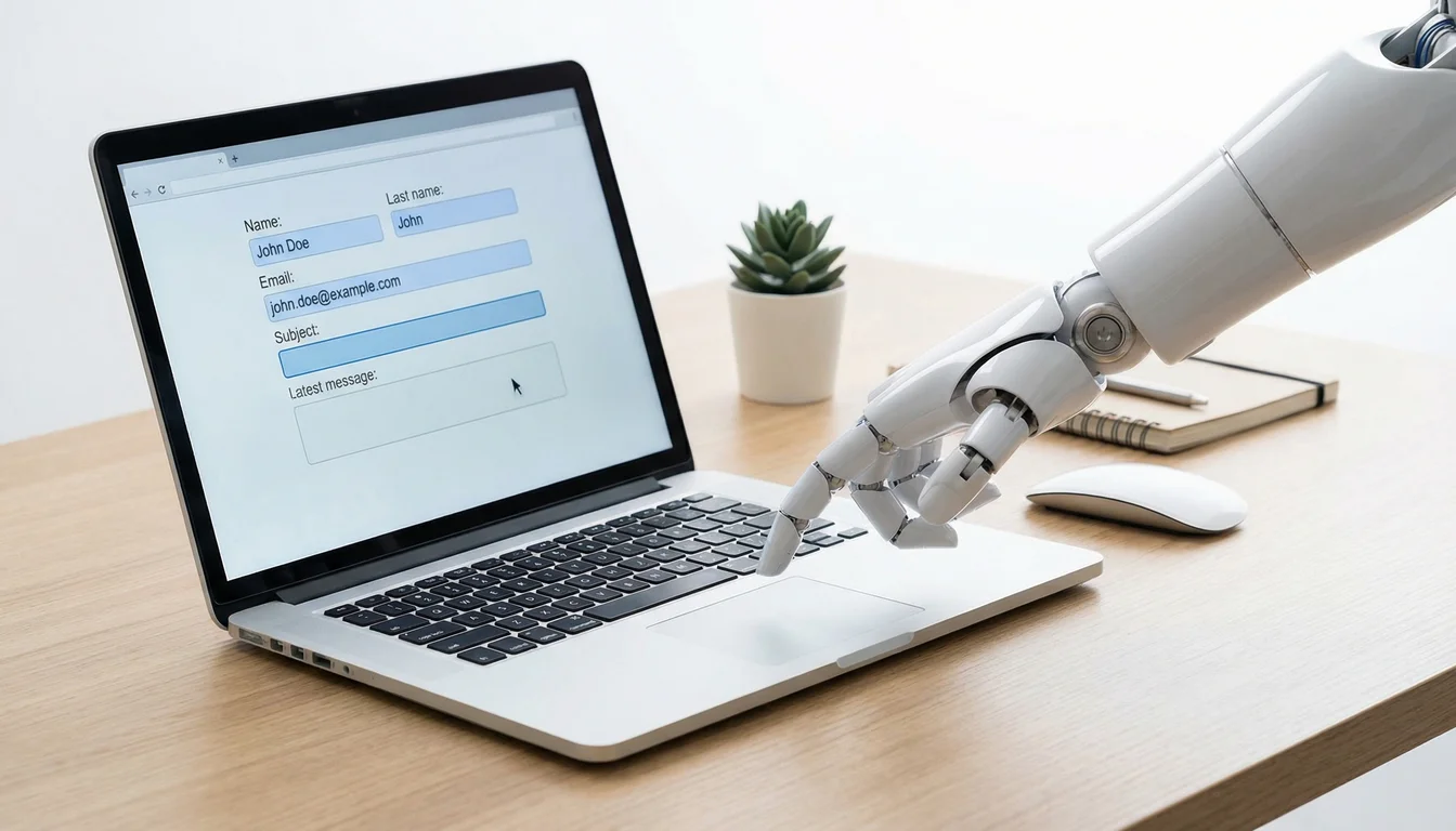 Robotic arm interacting with a laptop to demonstrate AI computer use and autonomous task completion
