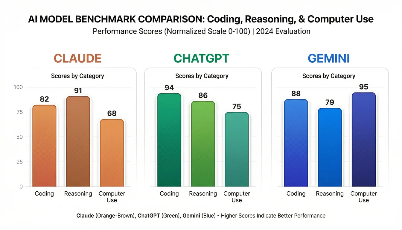 Infographic showing benchmark score comparisons across Claude, ChatGPT, and Gemini with colour-coded bar charts