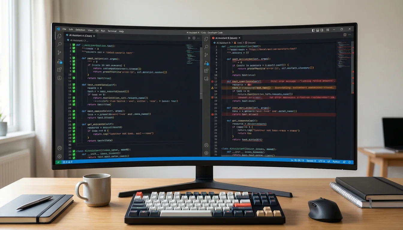 Split-screen code editors showing AI-generated code with syntax highlighting and test results