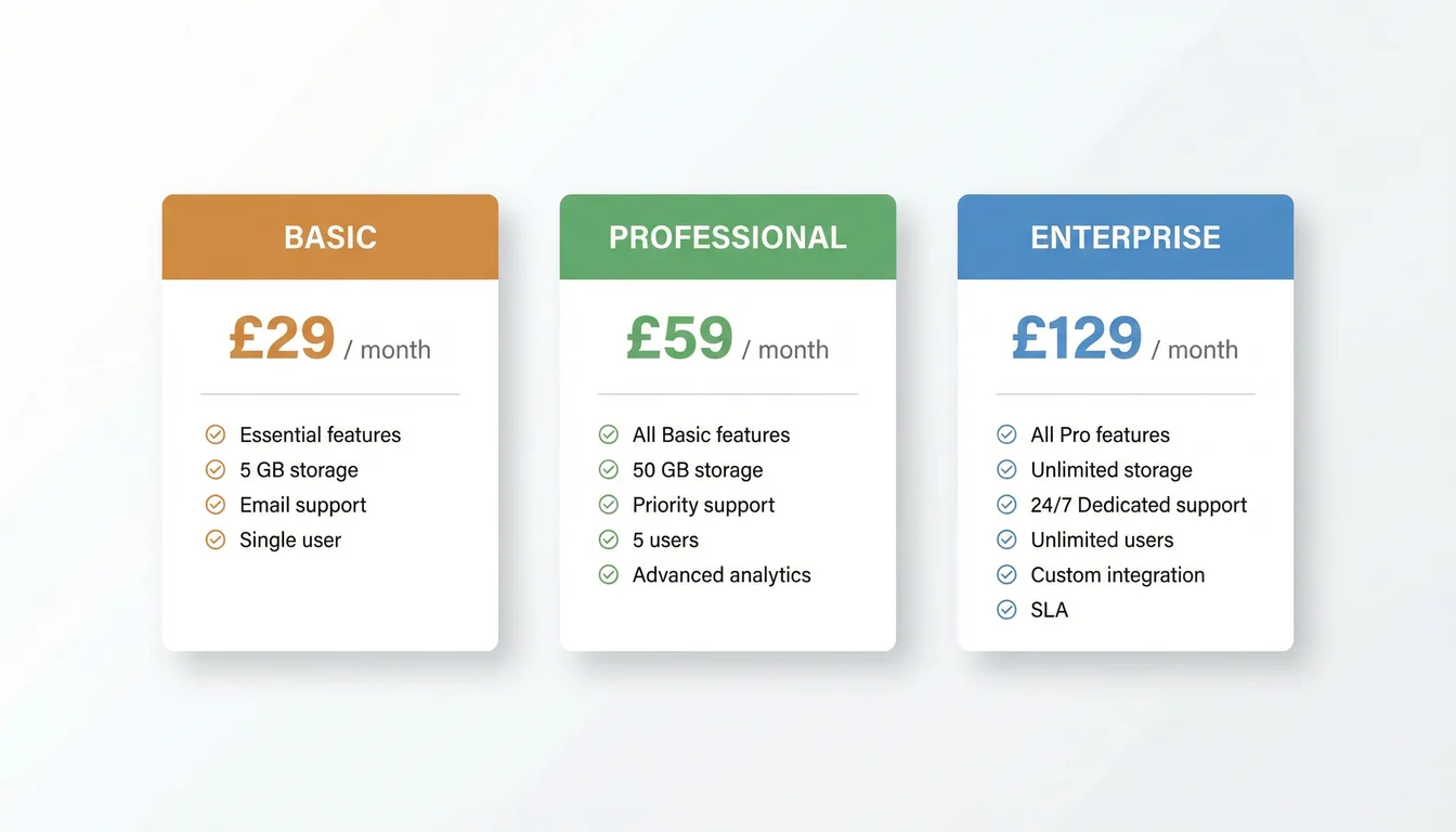 Three pricing tier cards in orange, green, and blue showing AI model costs with feature checklists
