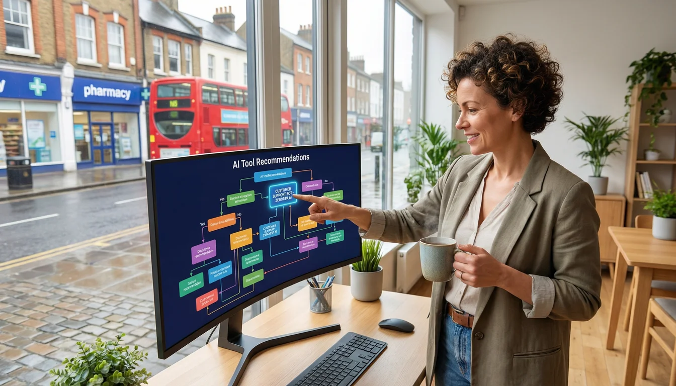 UK business owner in a bright office studying a decision flowchart on a large monitor showing AI tool recommendations