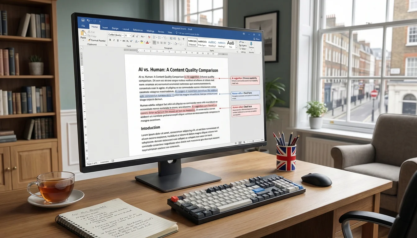 Content writer reviewing AI-generated blog post drafts on a widescreen monitor with editing suggestions highlighted