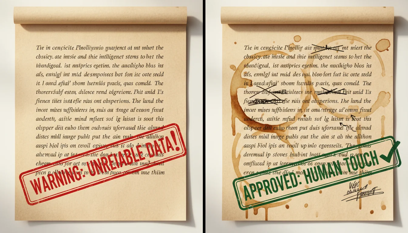 Split-screen comparison showing clean professional writing flagged as unreliable on the left, and messy writing with coffee stains approved as human on the right