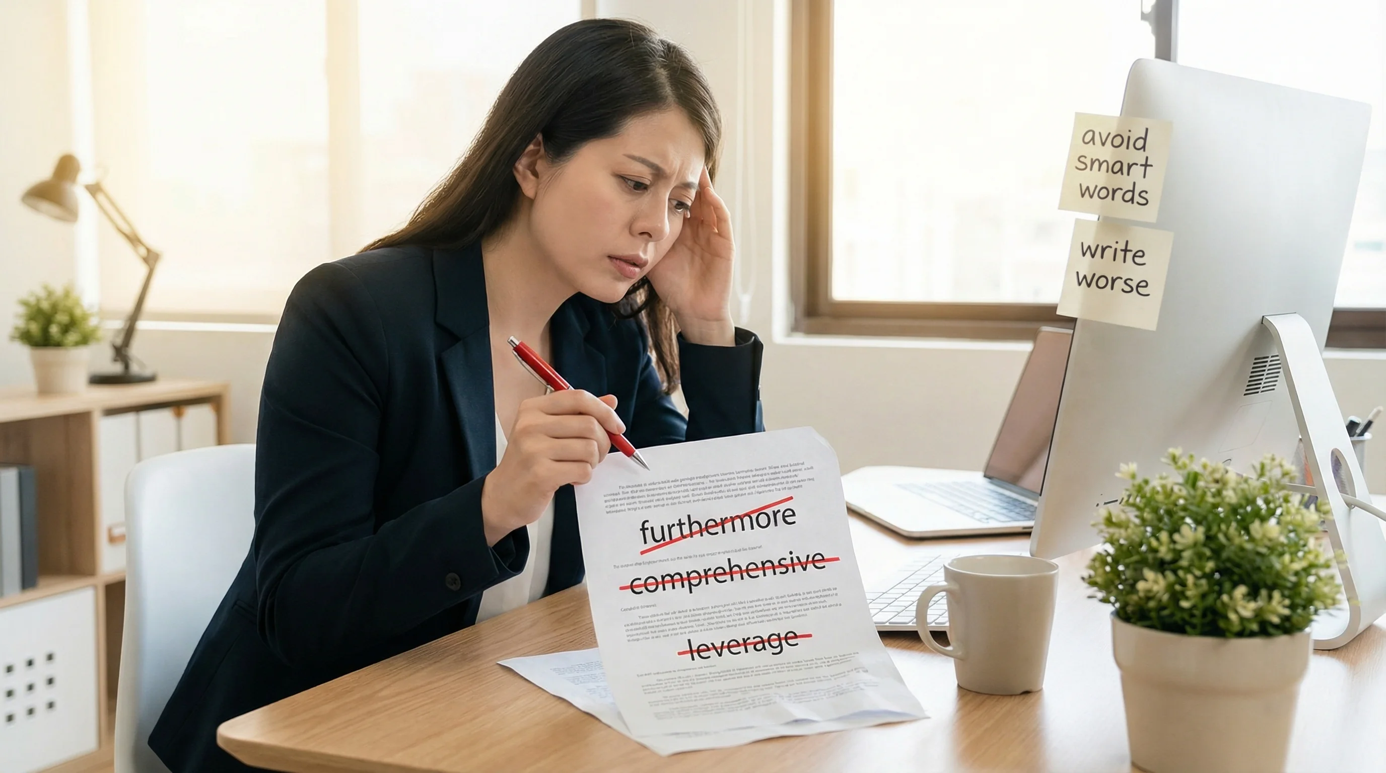 Professional writer at desk looking frustrated, crossing out words like furthermore, comprehensive, and leverage from a document, with sticky notes reading avoid smart words and write worse