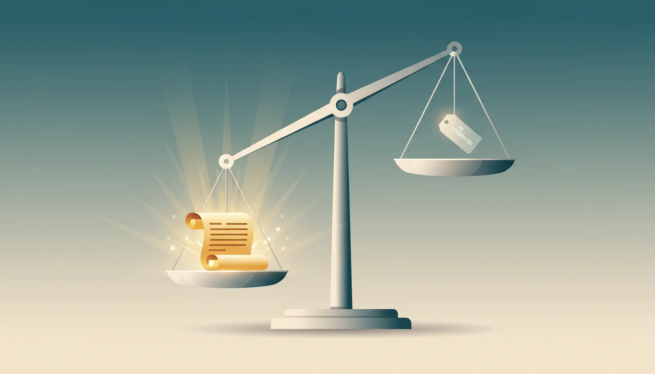 Illustration of a weighing scale with a glowing golden scroll representing content value outweighing a small grey tag representing authorship method
