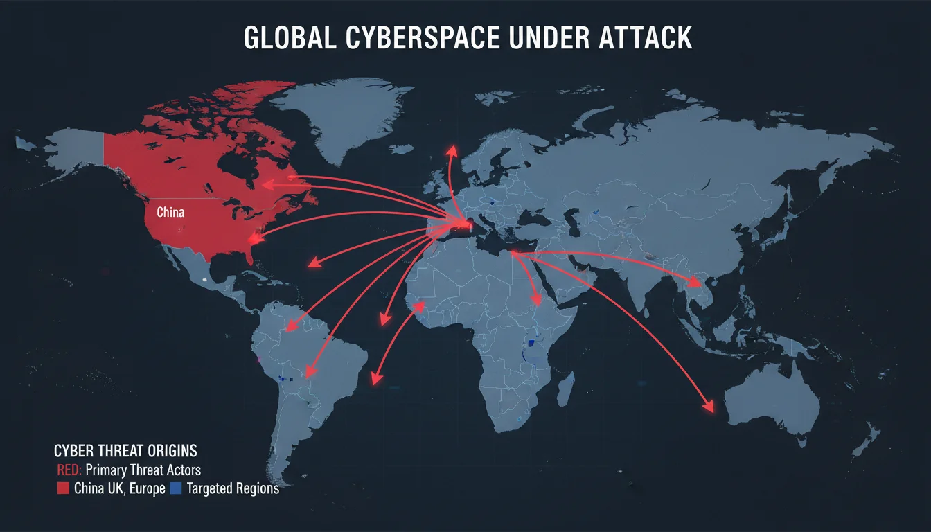 World map highlighting China, North Korea, and Iran as the source countries for state-sponsored AI-powered cyberattacks identified by Google