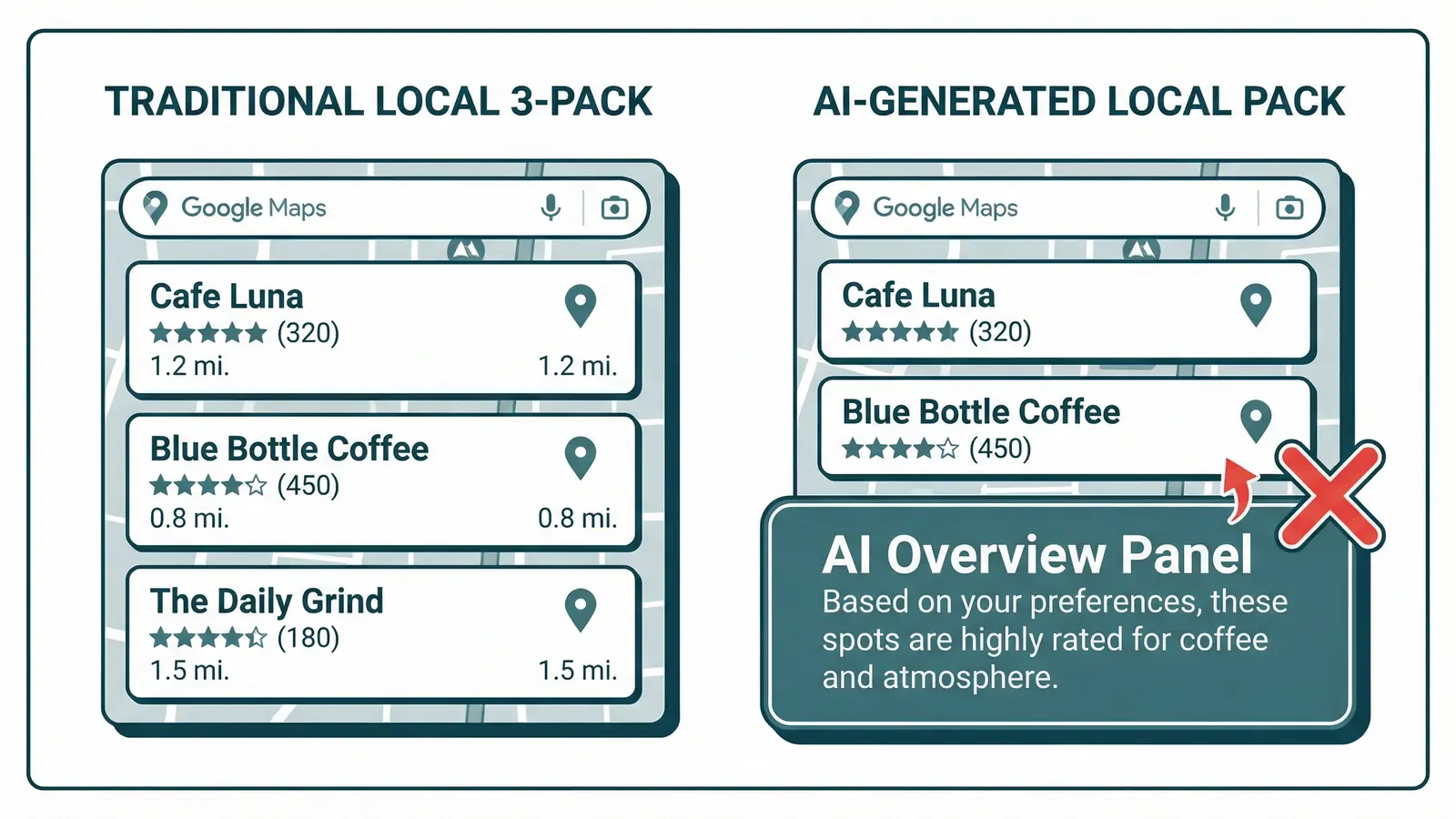 Side-by-side comparison of traditional local 3-pack showing three businesses versus AI-generated local pack showing only two businesses with an AI overview panel