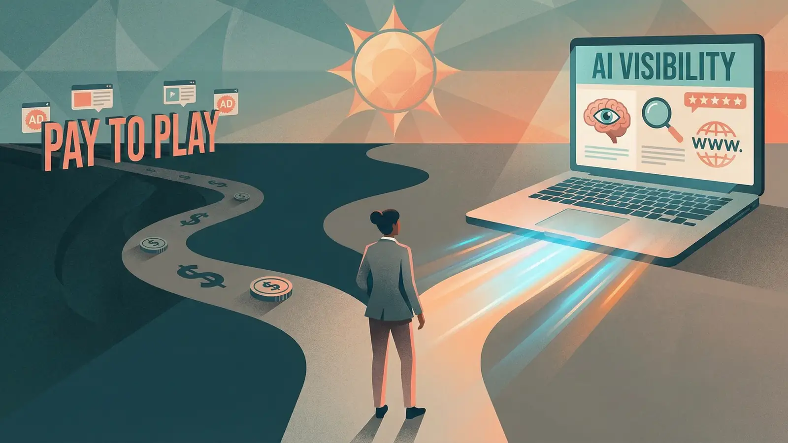 Business owner at a crossroads: one path marked Pay to Play with ad badges and dollar signs, the other path leads to a laptop showing AI visibility, reviews, and a professional website