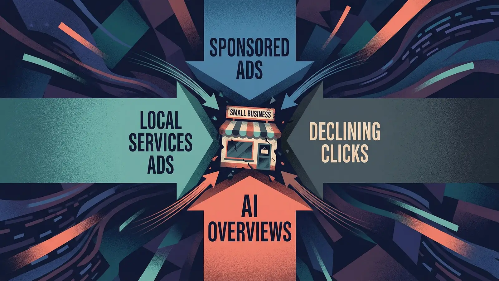 Conceptual diagram showing a small business storefront being squeezed from four directions: Sponsored Ads from above, Local Services Ads from the left, AI Overviews from below, and declining clicks from the right