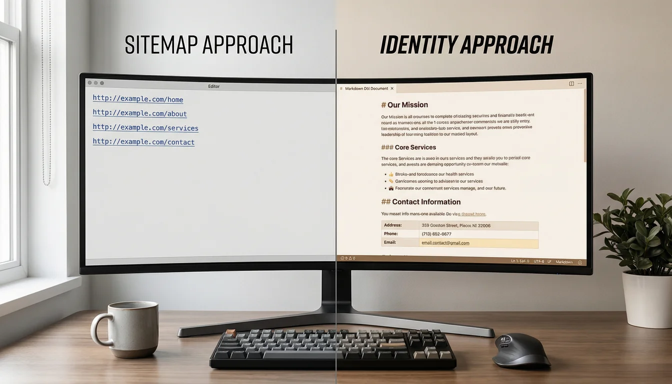 Split-screen comparison on a monitor: left side shows sparse URL list labelled Sitemap Approach, right side shows rich markdown document with headings and descriptions labelled Identity Approach