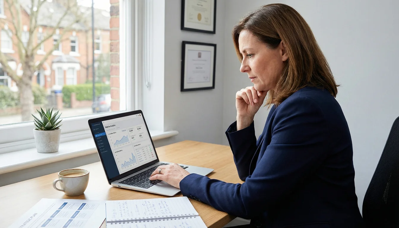 UK business owner in a modern British office reviewing AI visibility analytics on her laptop, with handwritten notes and business certificates visible