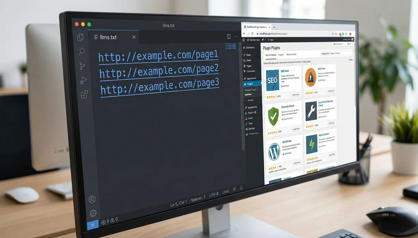 Computer screen showing an llms.txt file open in a code editor containing only a list of URLs, with a WordPress plugin dashboard visible in the background