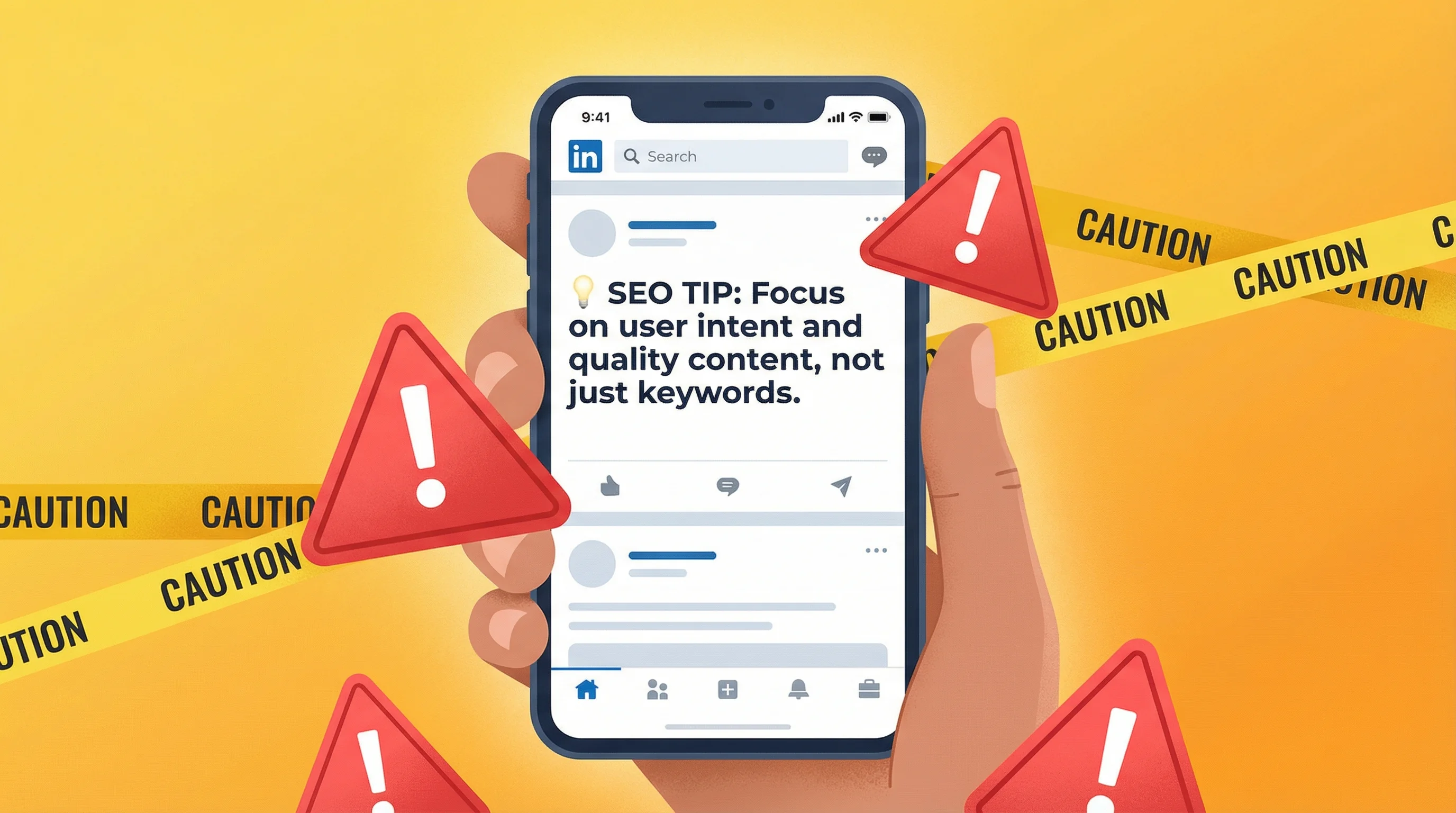 Illustration of a LinkedIn feed showing an SEO tip post with engagement reactions, surrounded by warning signs