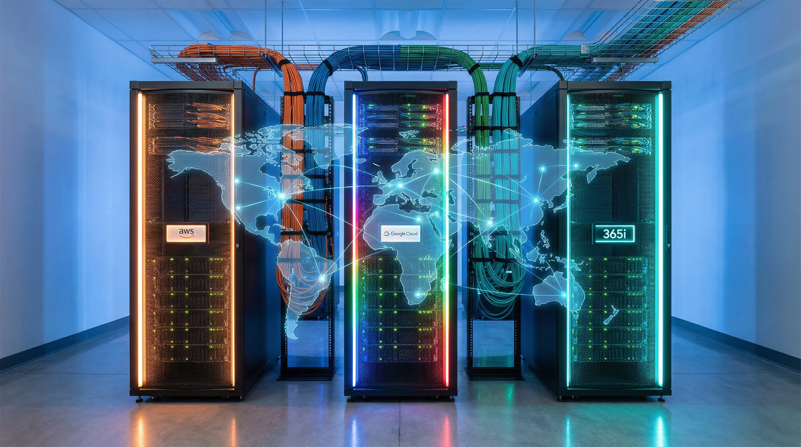 Three cloud platform server racks in a data centre with AWS orange, Google Cloud multi-colour, and 365i teal lighting