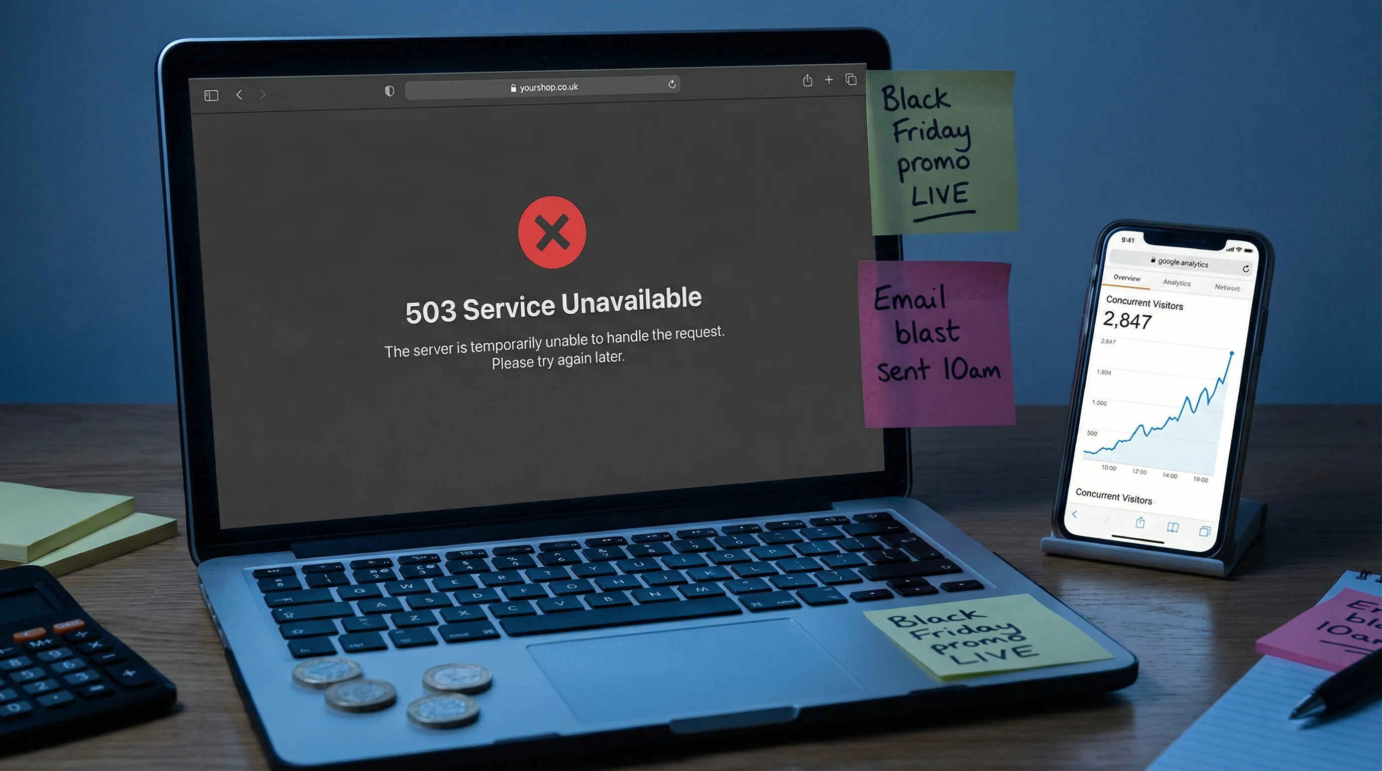 Laptop showing a 503 Service Unavailable error on an e-commerce site, with a smartphone beside it displaying a traffic spike on analytics